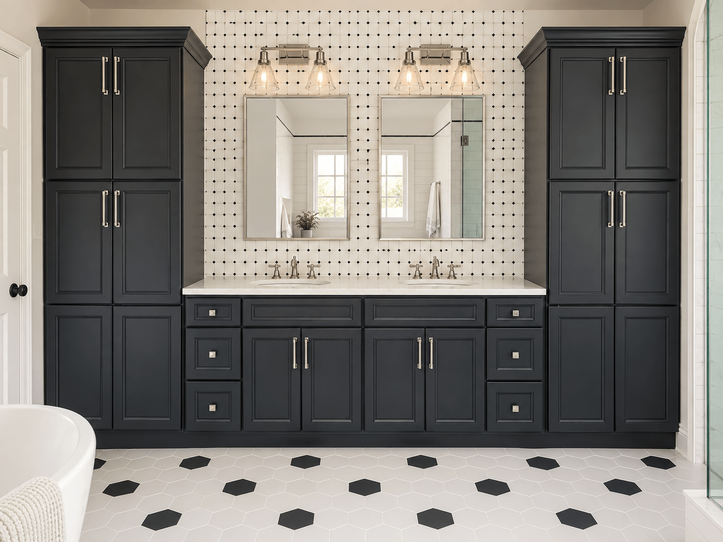 Modern primary bathroom cabinetry.