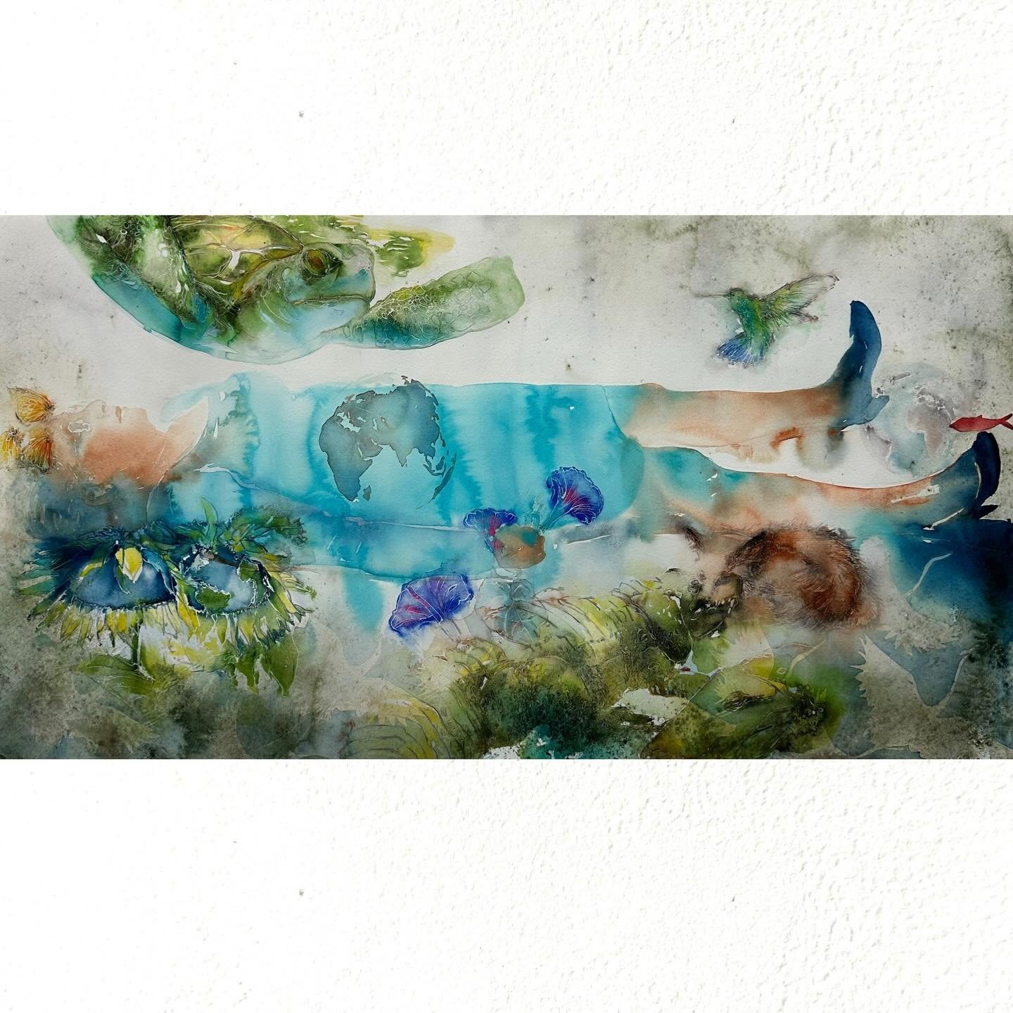 Don&rsquo;t Pay Attention to the Red Herring
Watercolor
431.5 x 52.5&rdquo;
2025

Mother Earth is depicted reclining in a prone position, surrounded by animals and plant life. 

A world map is painted across her torso, and her stillness suggests exha