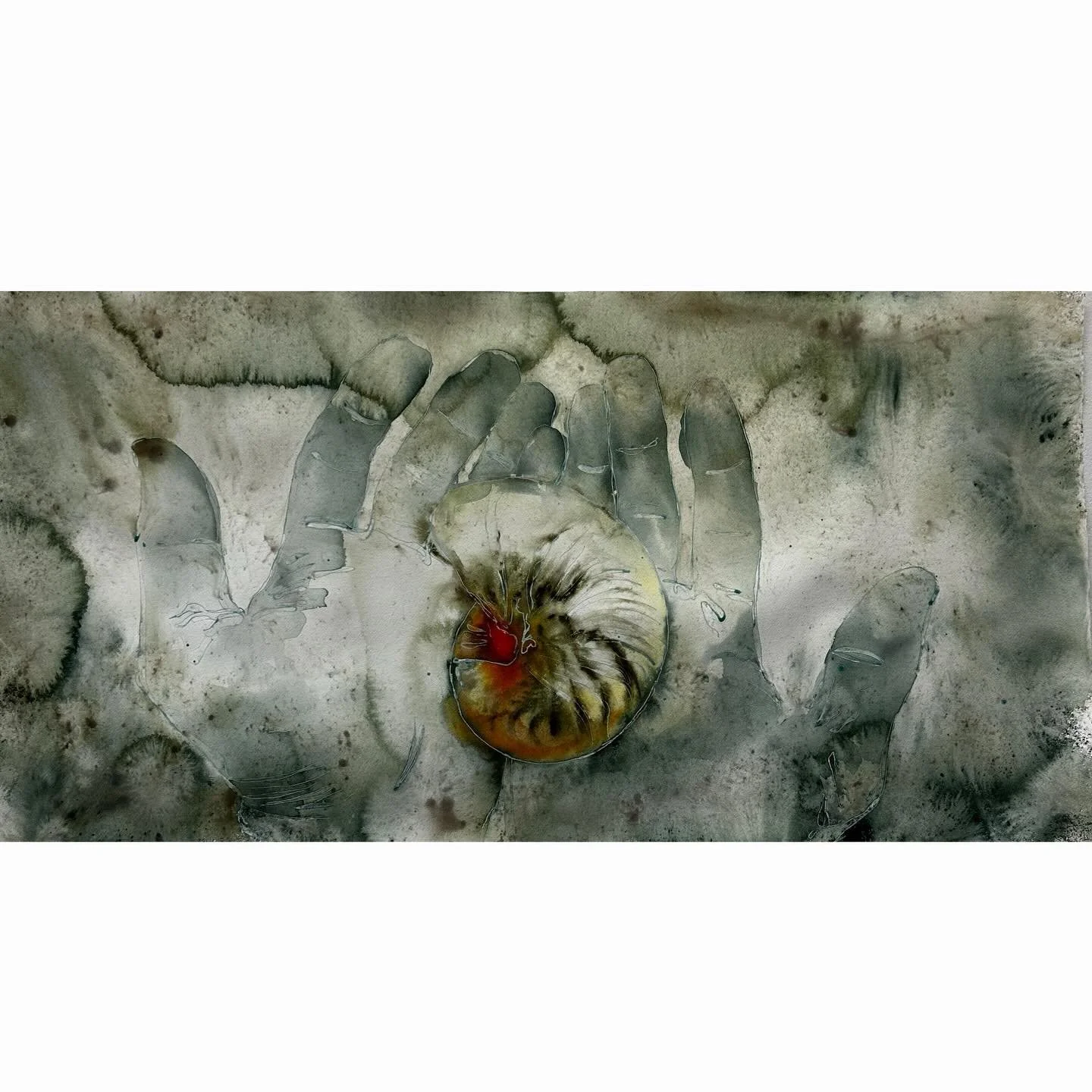 Ocean Is In Our Hands
Watercolor
29 x49&rdquo;
2025

Oceans worldwide are rapidly warming. This accelerating rise in temperature threatens coral reefs, disrupts Gulf Stream patterns, melts glaciers, warms both the Arctic and Antarctic regions, raises