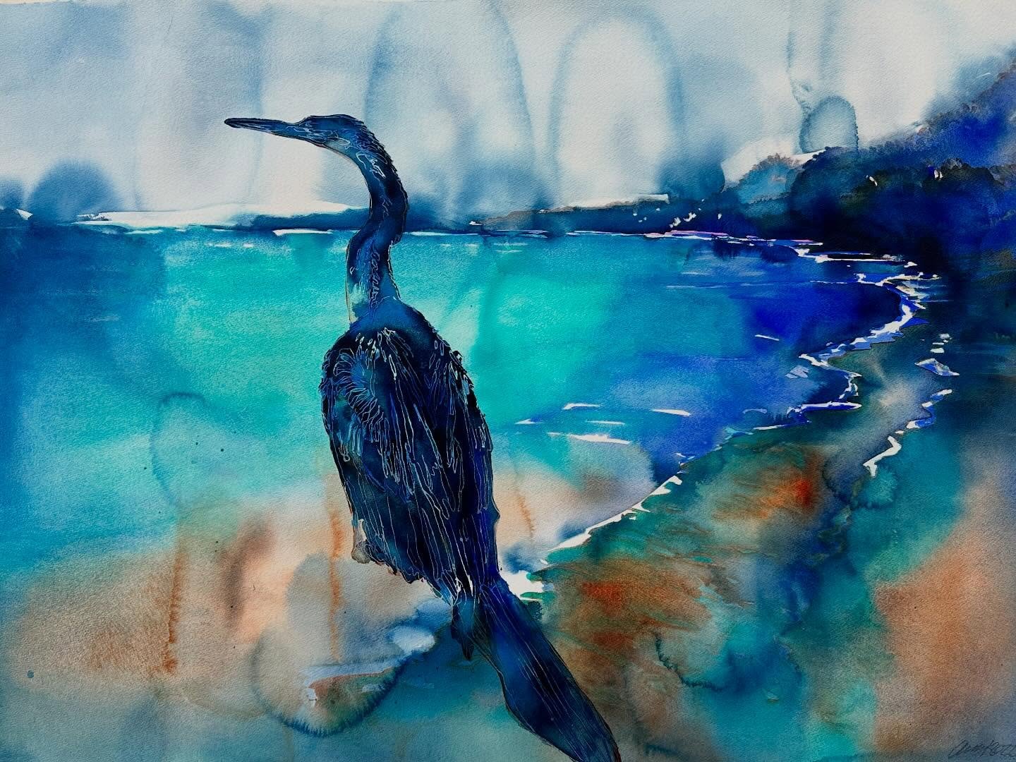 Anhinga
watercolor
30x 40&rdquo;
2023-2025

I painted the beach a few years ago.  I felt it was missing something.  There wasn&rsquo;t enough context to hold me to the landscape.

Adding the anhinga was important. The bird is stoic, still, and monume