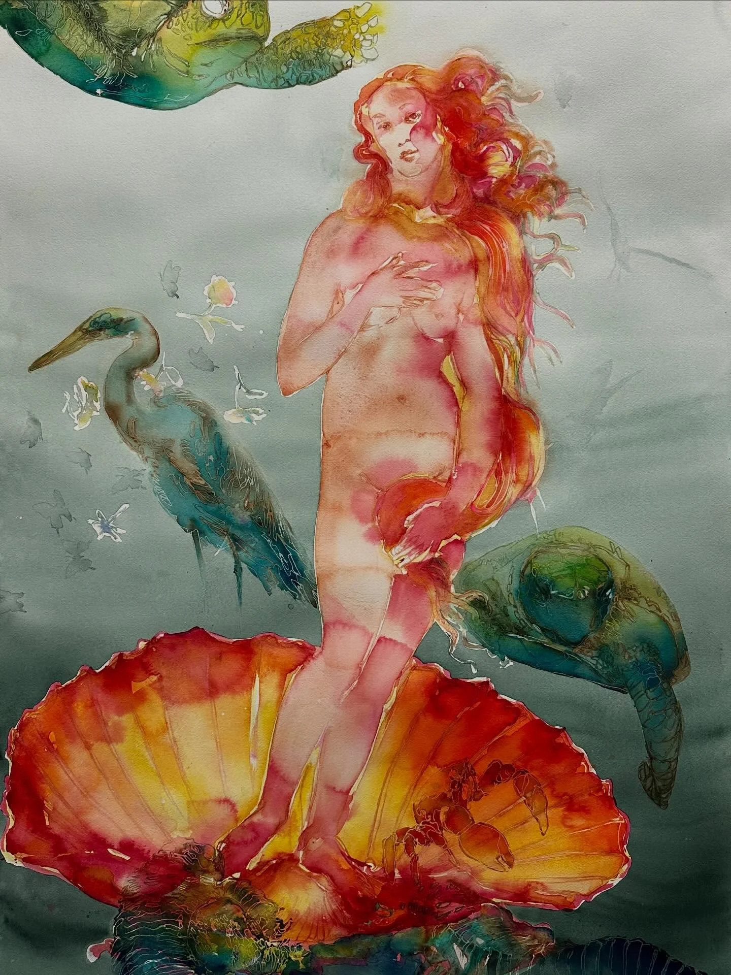 Continuing the journey of remaking Botticelli&rsquo;s Venus, I&rsquo;ve introduced additional imagery to suggest the power and presence of the ocean and its aquatic life. The animals are abstracted&mdash;folded and wrapped around the maiden&mdash;exi