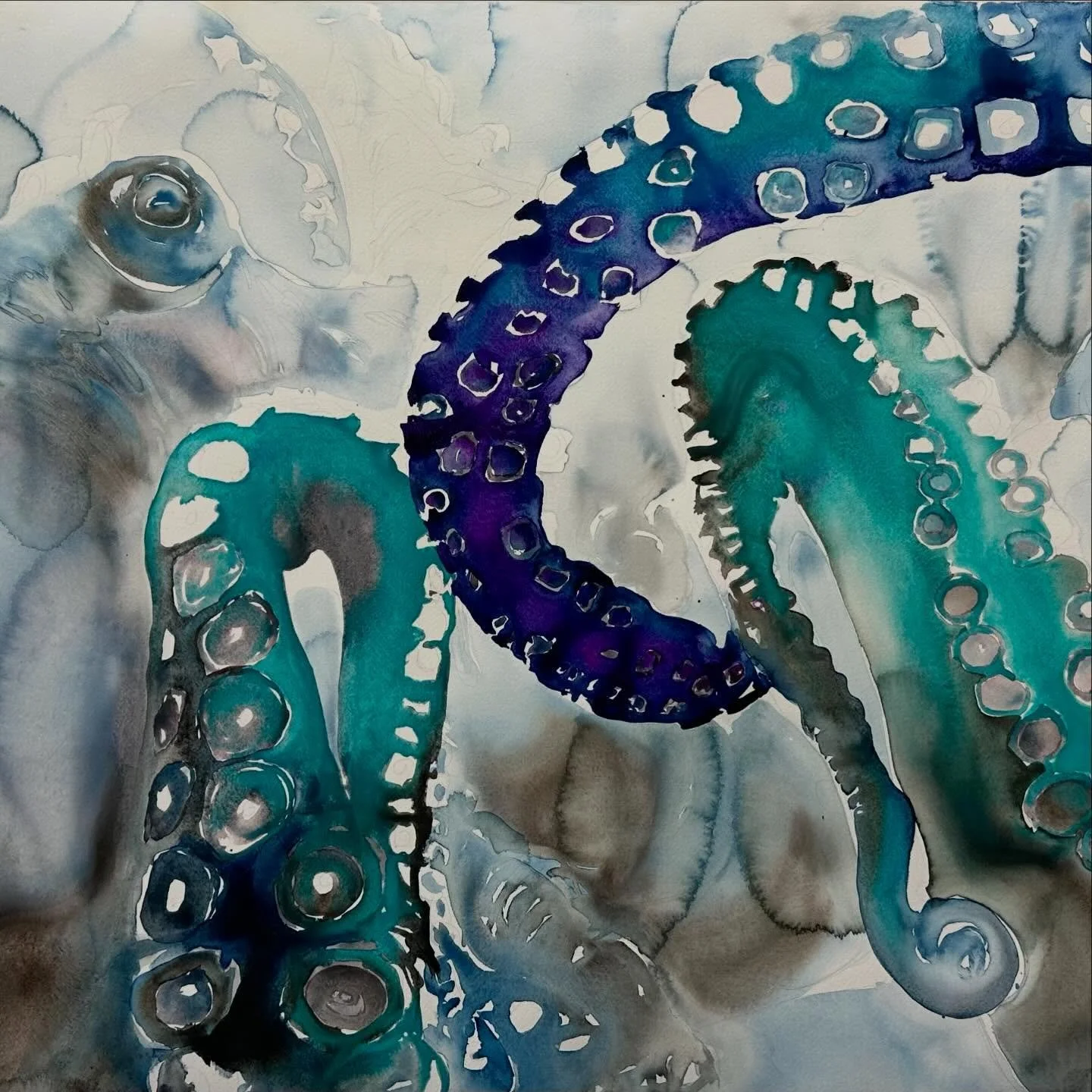 My beloved Blue Octo has officially found a new home 💙

Huge thanks to @softwatergalleryfl in St. Petersburg, FL for giving this piece a place to land.

This painting has always felt weightless to me&mdash;the octopus gliding effortlessly through oc