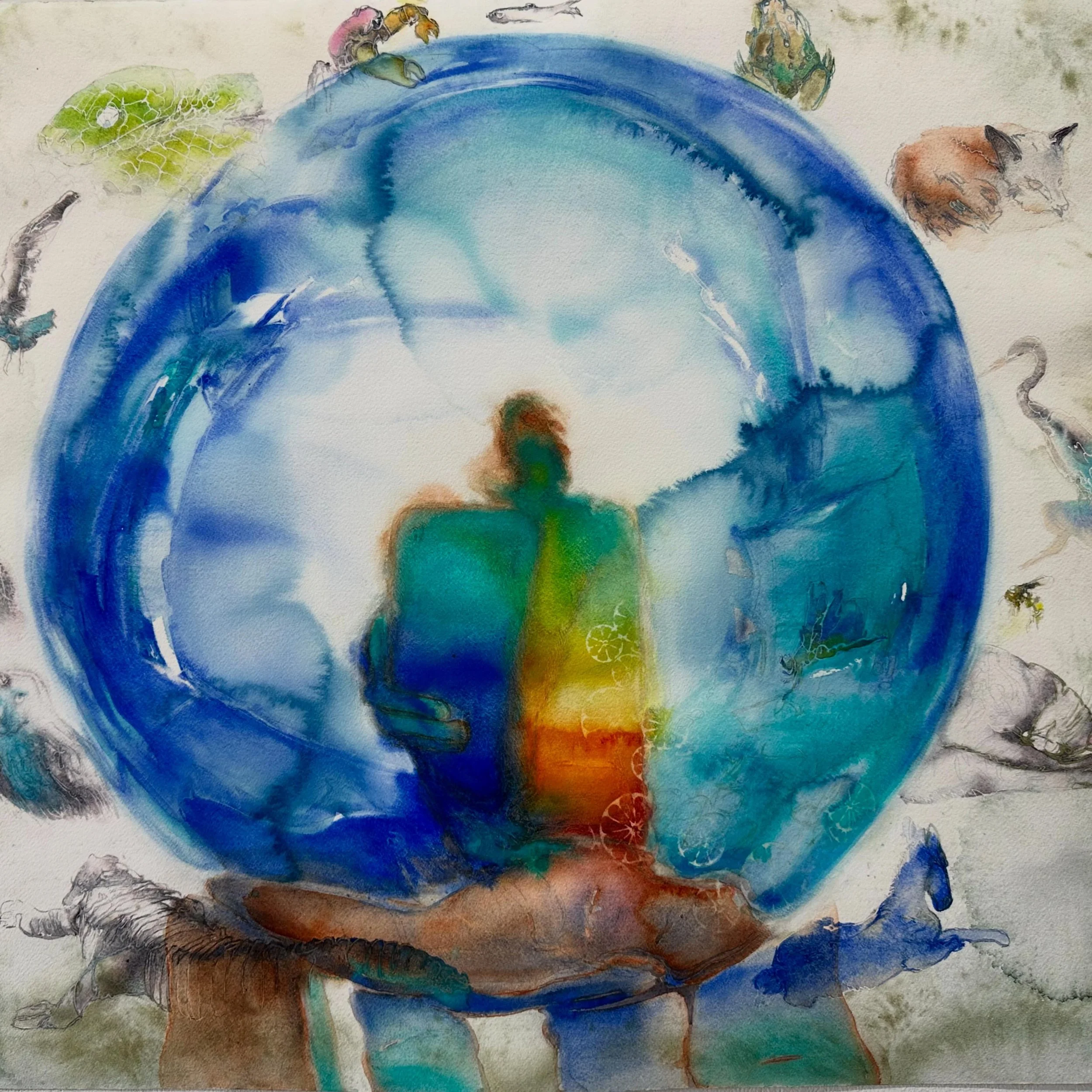 Just finished this new piece 🌿

It&rsquo;s centered around a garden gazing ball, reflecting me in the middle&mdash;but like any reflection, it&rsquo;s a little warped, a little dreamlike. Around the outside, I painted animals gathered in a quiet cir