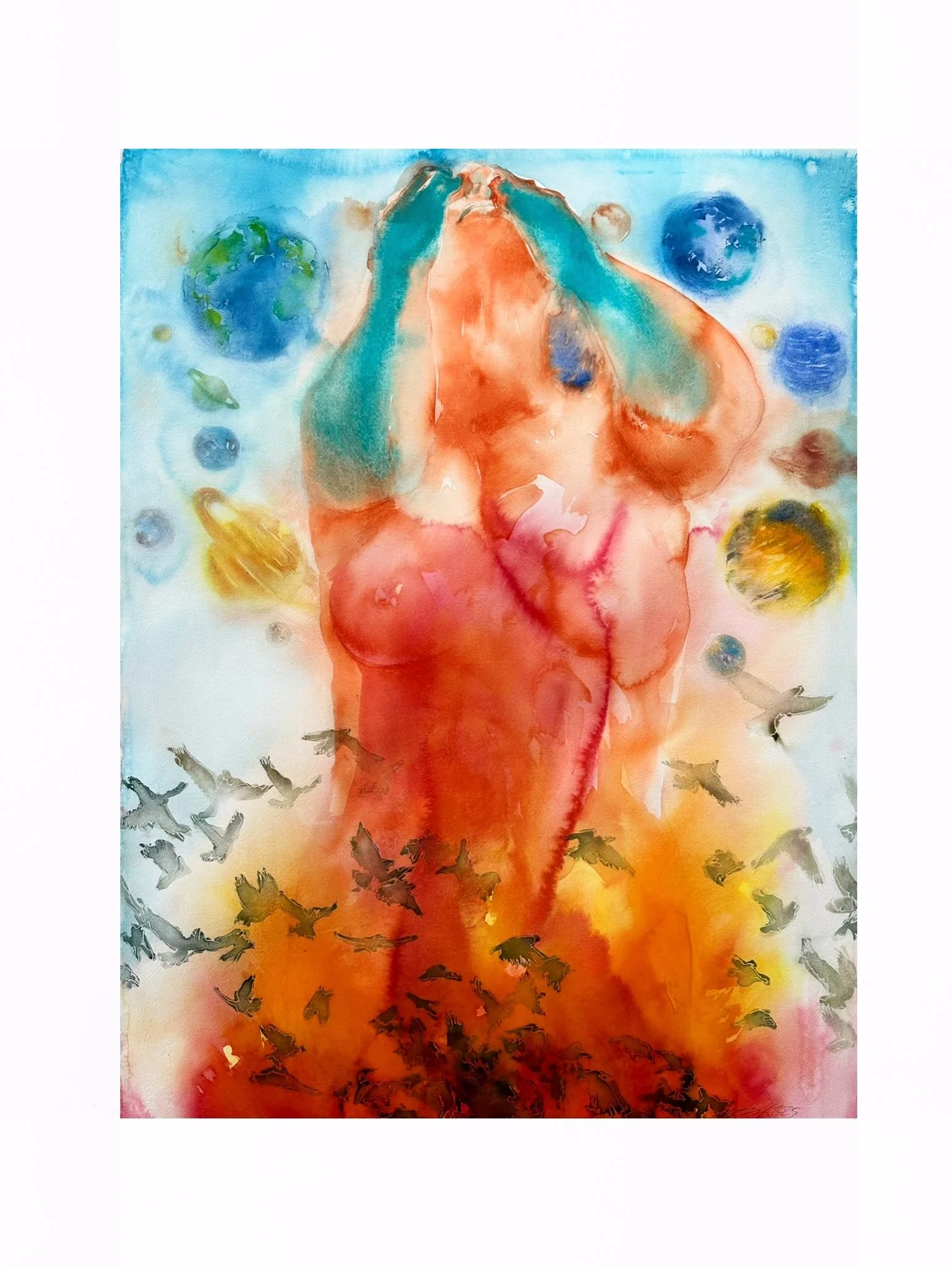 Some paintings come together quickly. Others take their time, evolving slowly.

This figurative watercolor has been developing over the past year.

The figure began as a simple silhouette surrounded by flames. I framed it and exhibited it in my open 