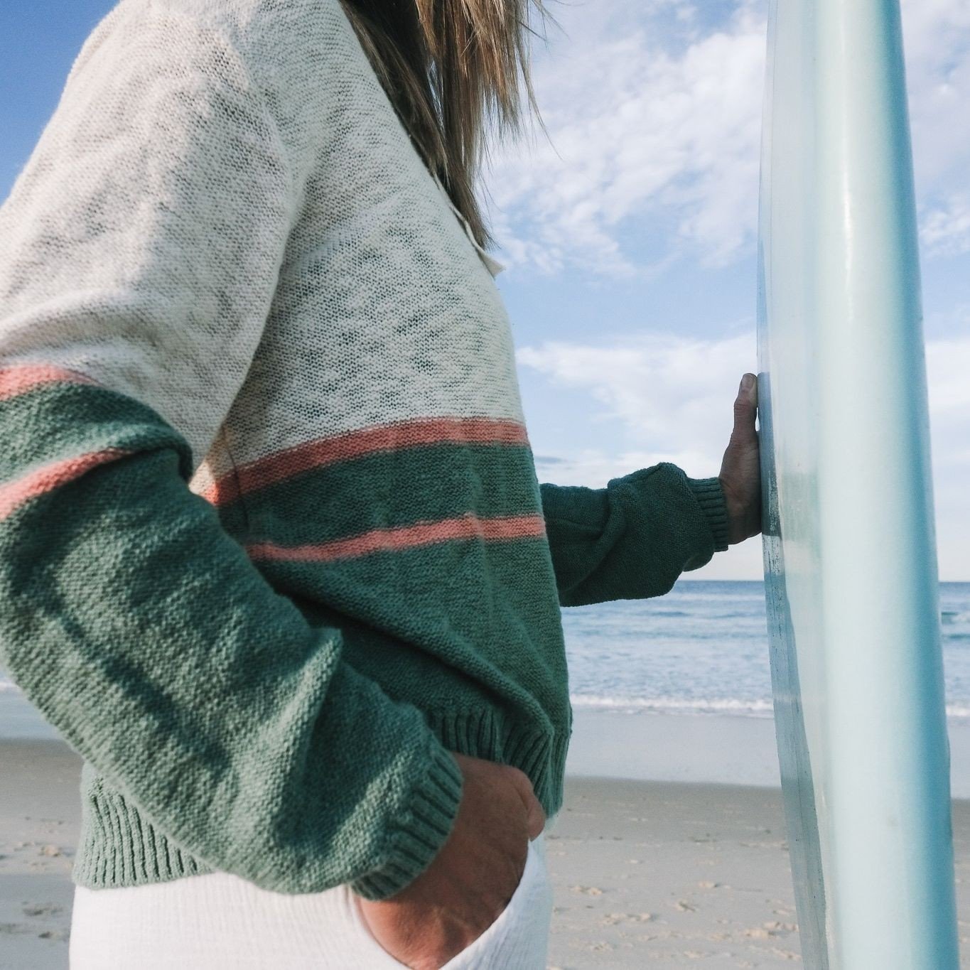 A casual wander to check if the waves are good!⁠
⁠
Wearing our cream and sage hoodie with coral stripe. Feeling good in this natural fibre knit. It's giving breathable comfort whatever the weather⁠.⁠
⁠
⁠
⁠
#forcleanoceans #pipinghotaustralia #availab