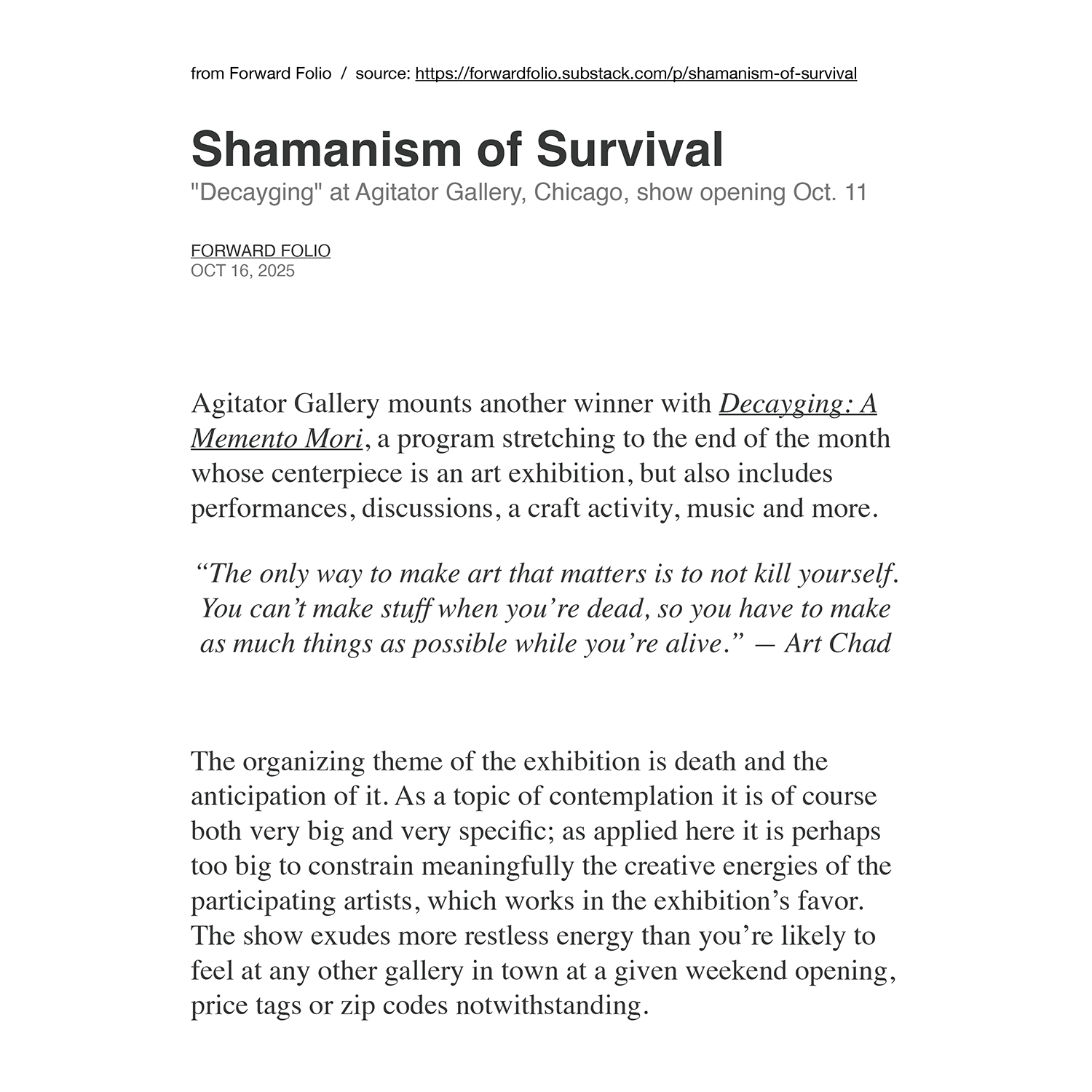 "Decayging: A Memento Mori" is critically reviewed in FORWARD FOLIO art journal