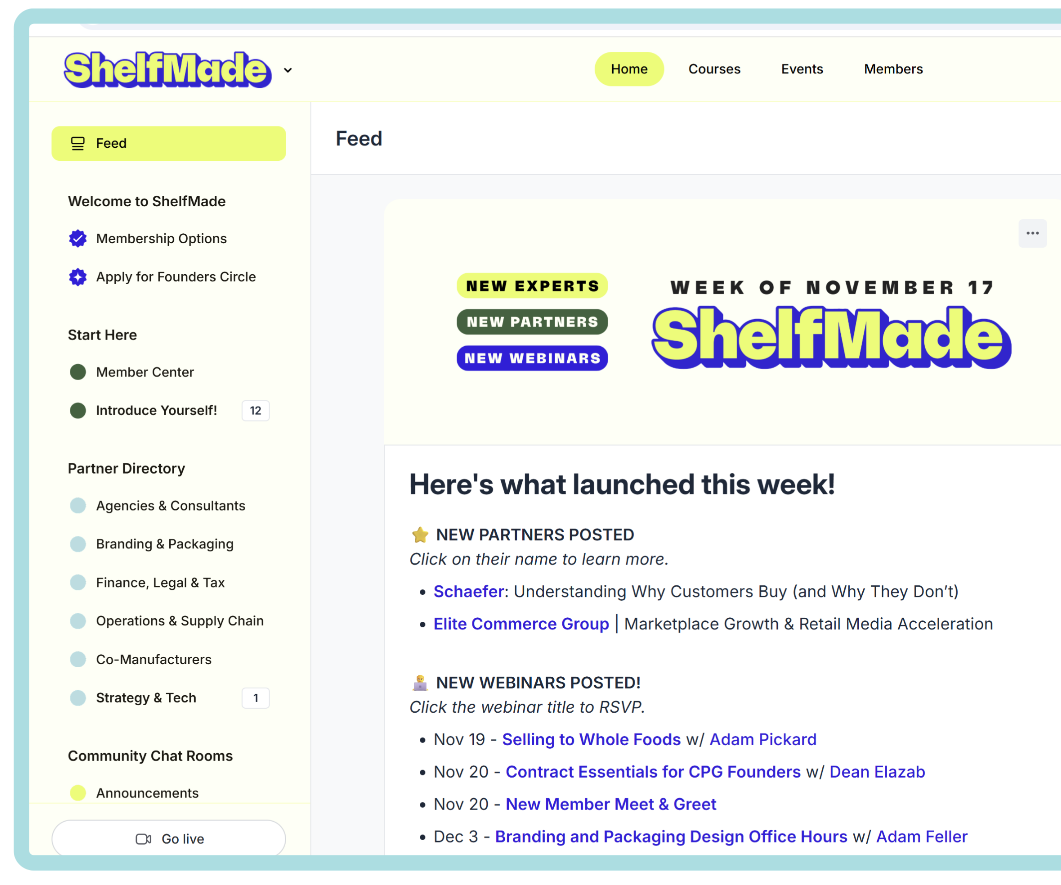 sample ui of the shelfmade community for cpg startup founders and service providers