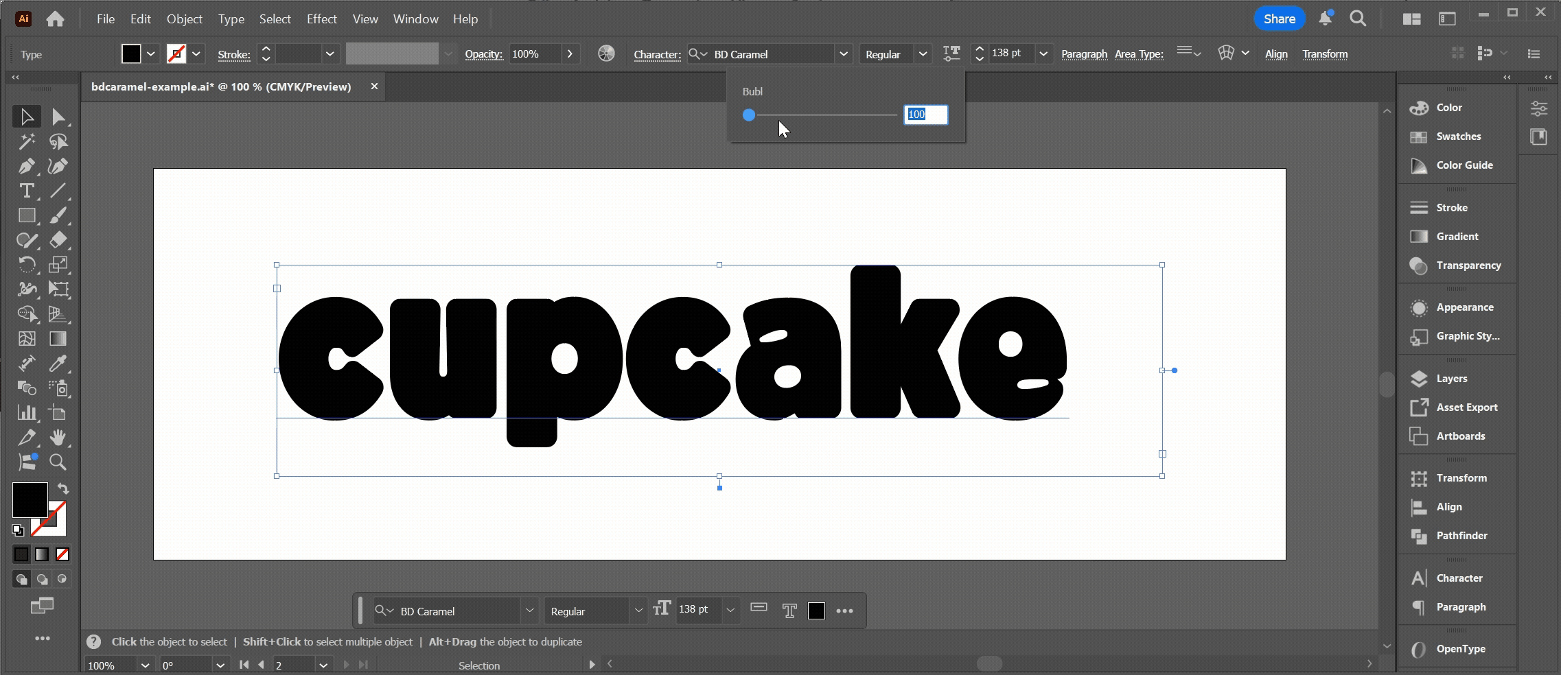 BD caramel's variable "bubble" feature shown on the word cupcake