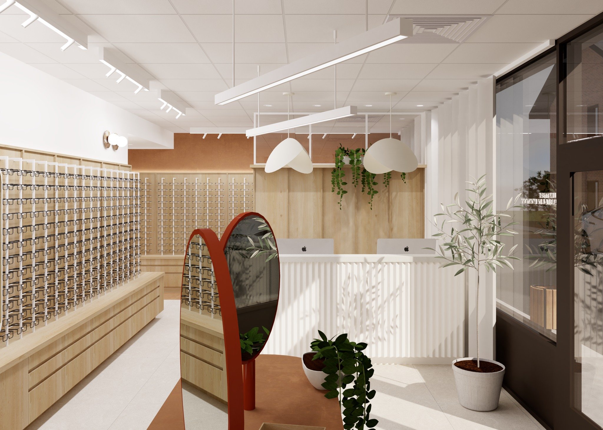 Ce projet de lunetterie et clinique optom&eacute;trique a &eacute;t&eacute; con&ccedil;u pour offrir une exp&eacute;rience client intuitive, chaleureuse et structur&eacute;e.

Une circulation fluide a &eacute;t&eacute; pens&eacute;e pour encourager l