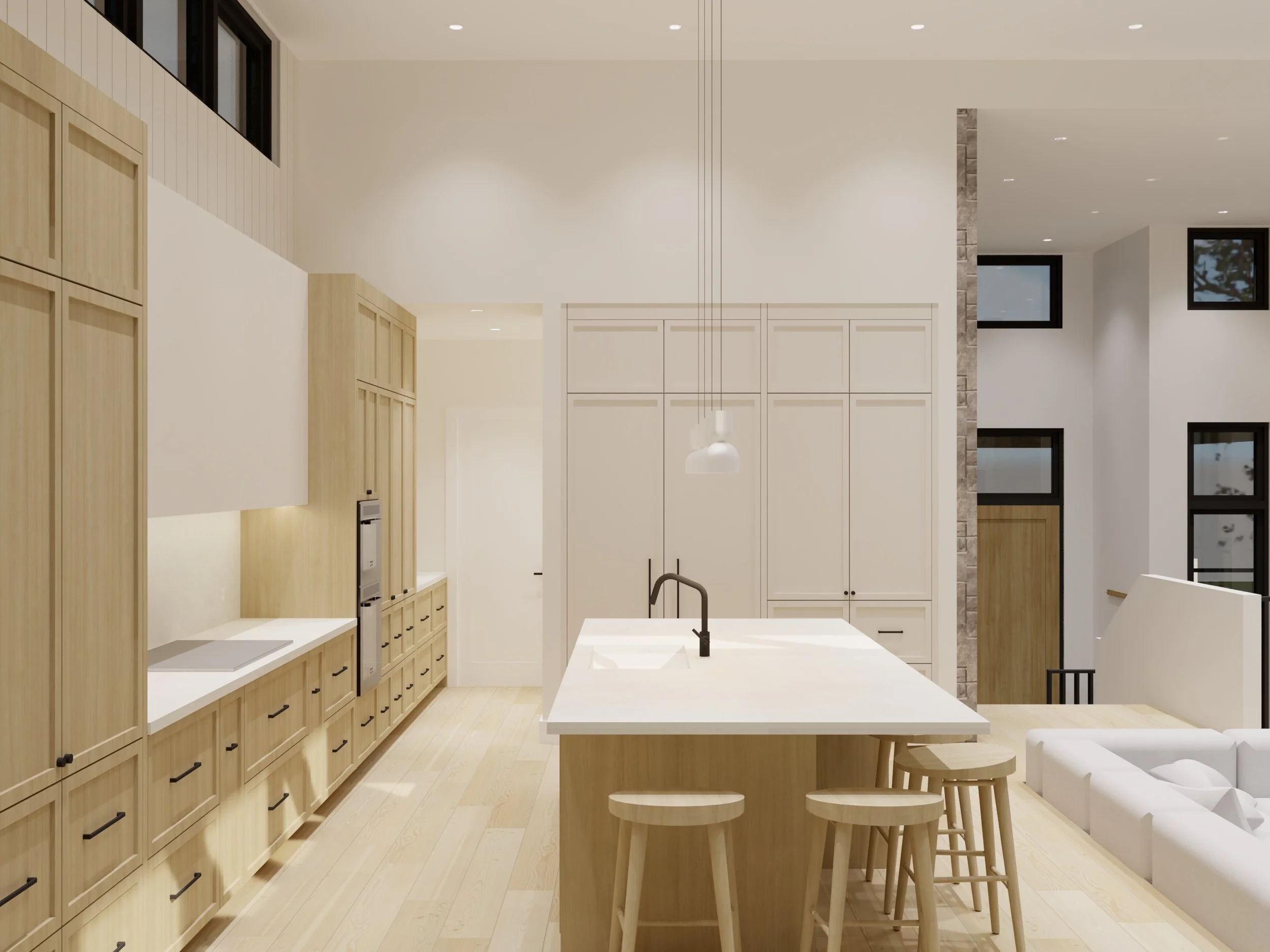 Cuisine Salon Farmhouse Contemporain Pierre Bois Blanc Noir Design d'intérieur Architecture Montréal Laval Demi-teinte design & co.
