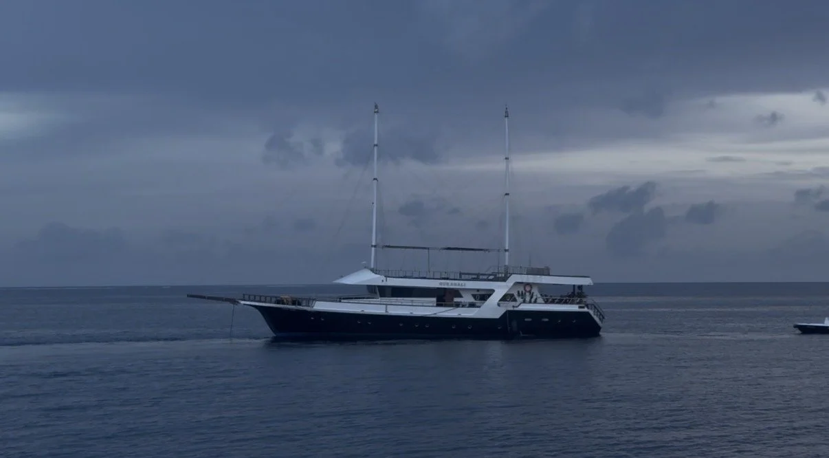 Motor yacht floating on open water under cloudy sky