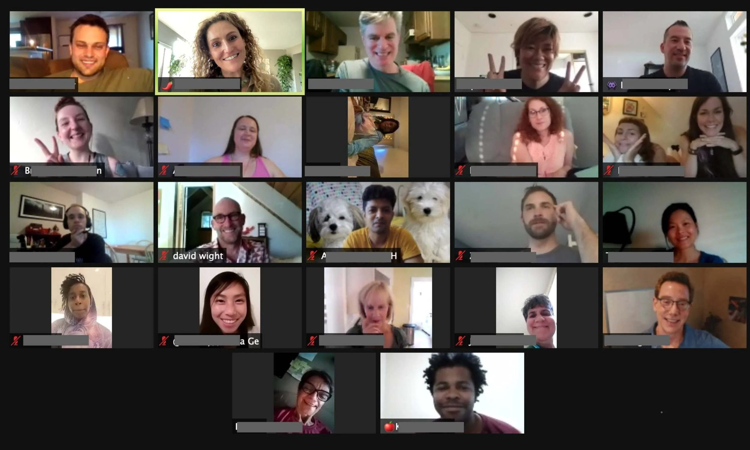 Screenshot of a virtual meeting with 22 diverse participants, some smiling, making peace signs, and engaging from various locations, with two dogs visible among the attendees.