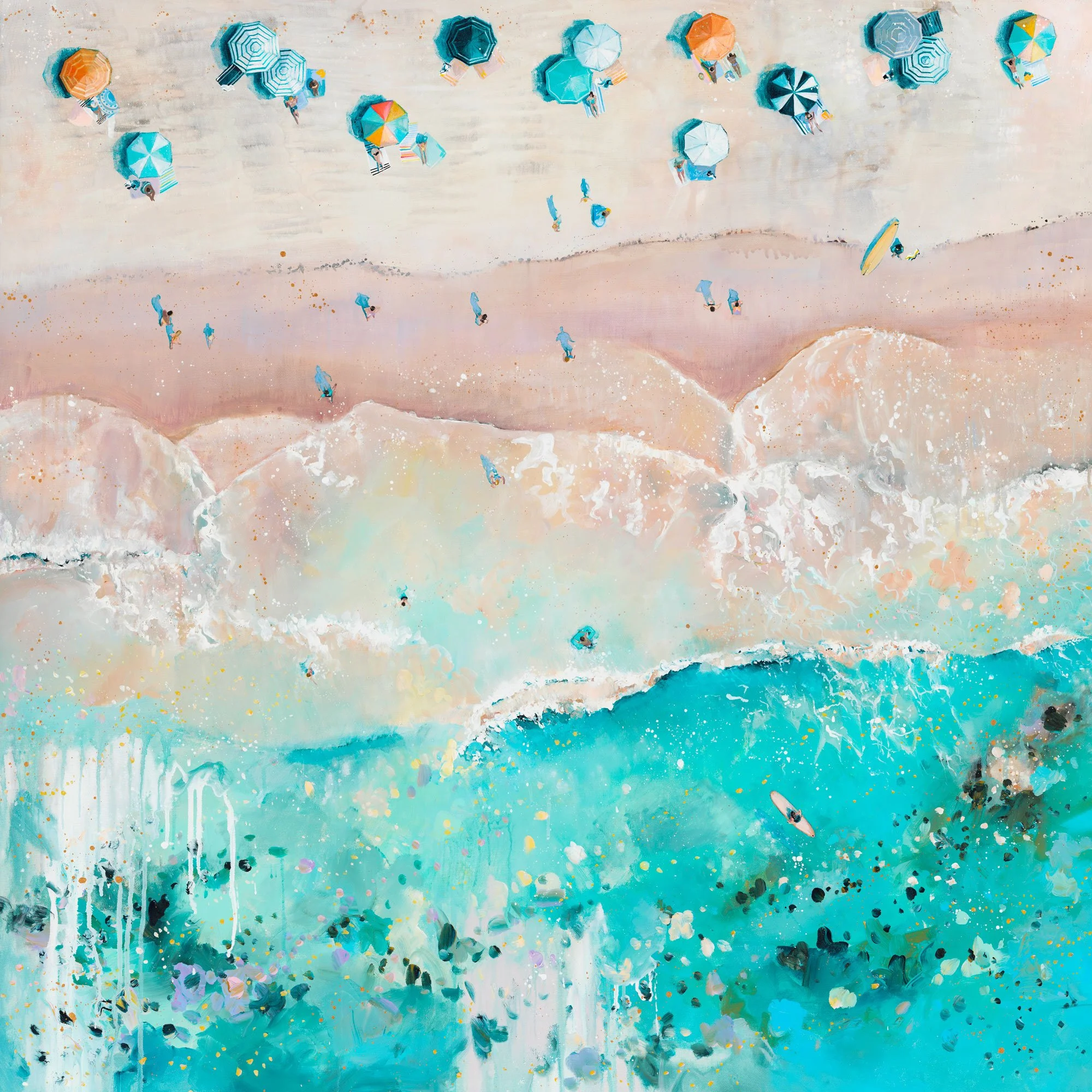 Close-up of the miniature surfer figures and colourful parasol details on the Celestial sea archival giclée print.