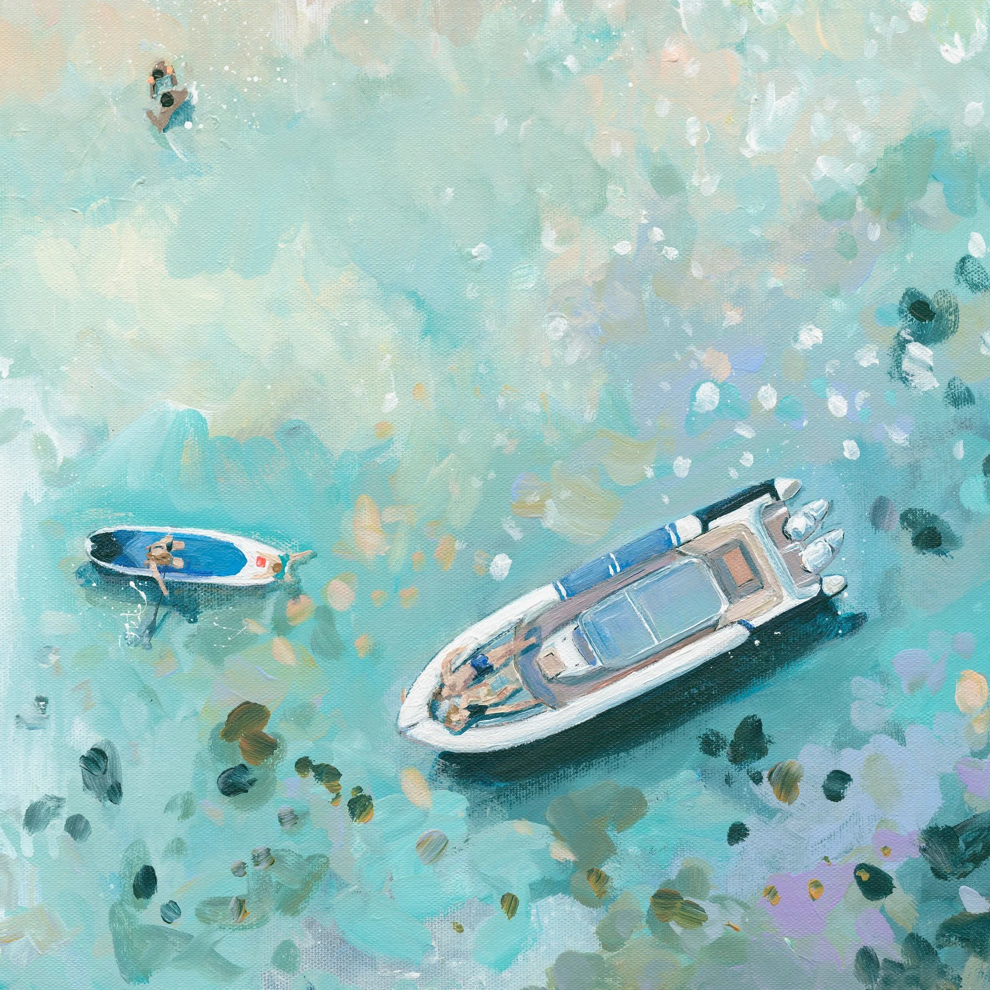 Close-up crowded Sunny Cove beach, Salcombe by Lucy Young, Art Print, colourful parasols on the beach and swimmers in the estuary