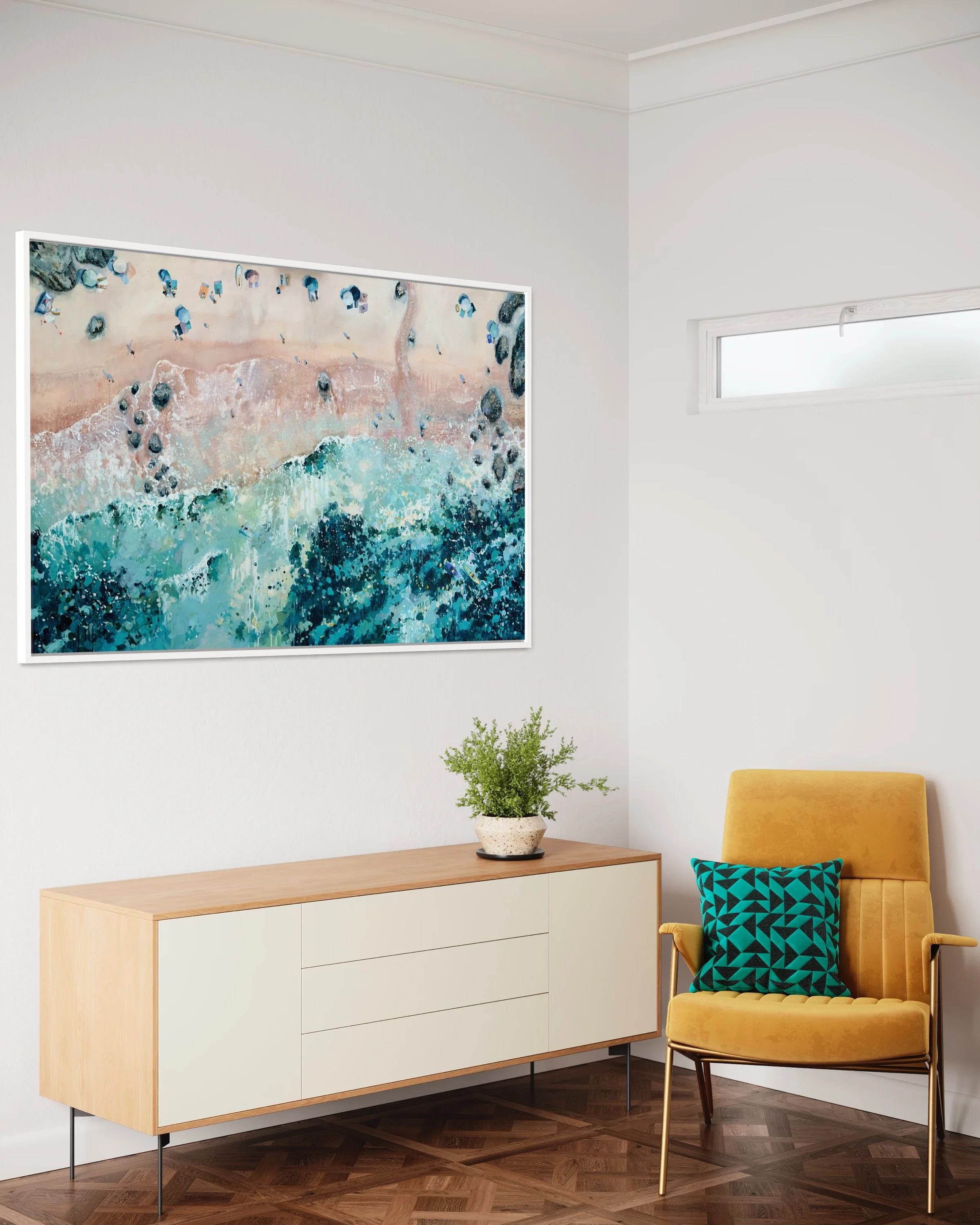 Large original aerial acrylic painting 'Shifting Tides' by Lucy Young. Features powerful crashing waves on a Dorset beach with colourful parasols and people by the rocks.