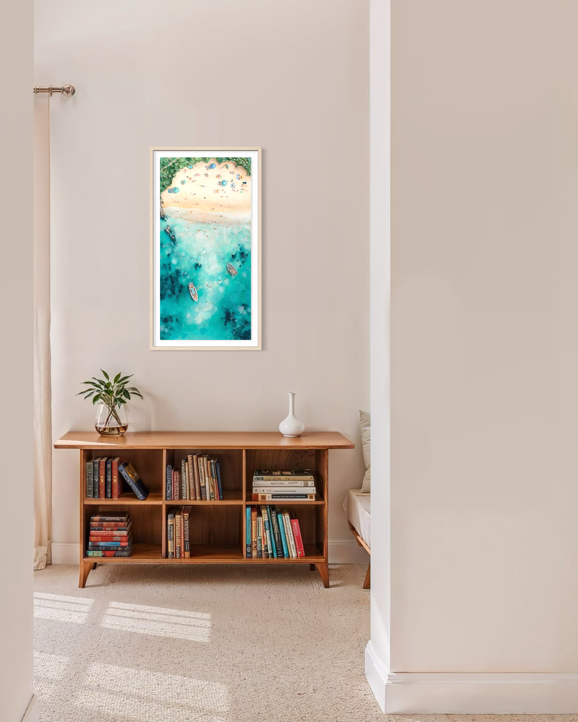 The Destination Anywhere print styled in a coastal lounge, offering an escapist view of a tropical paradise