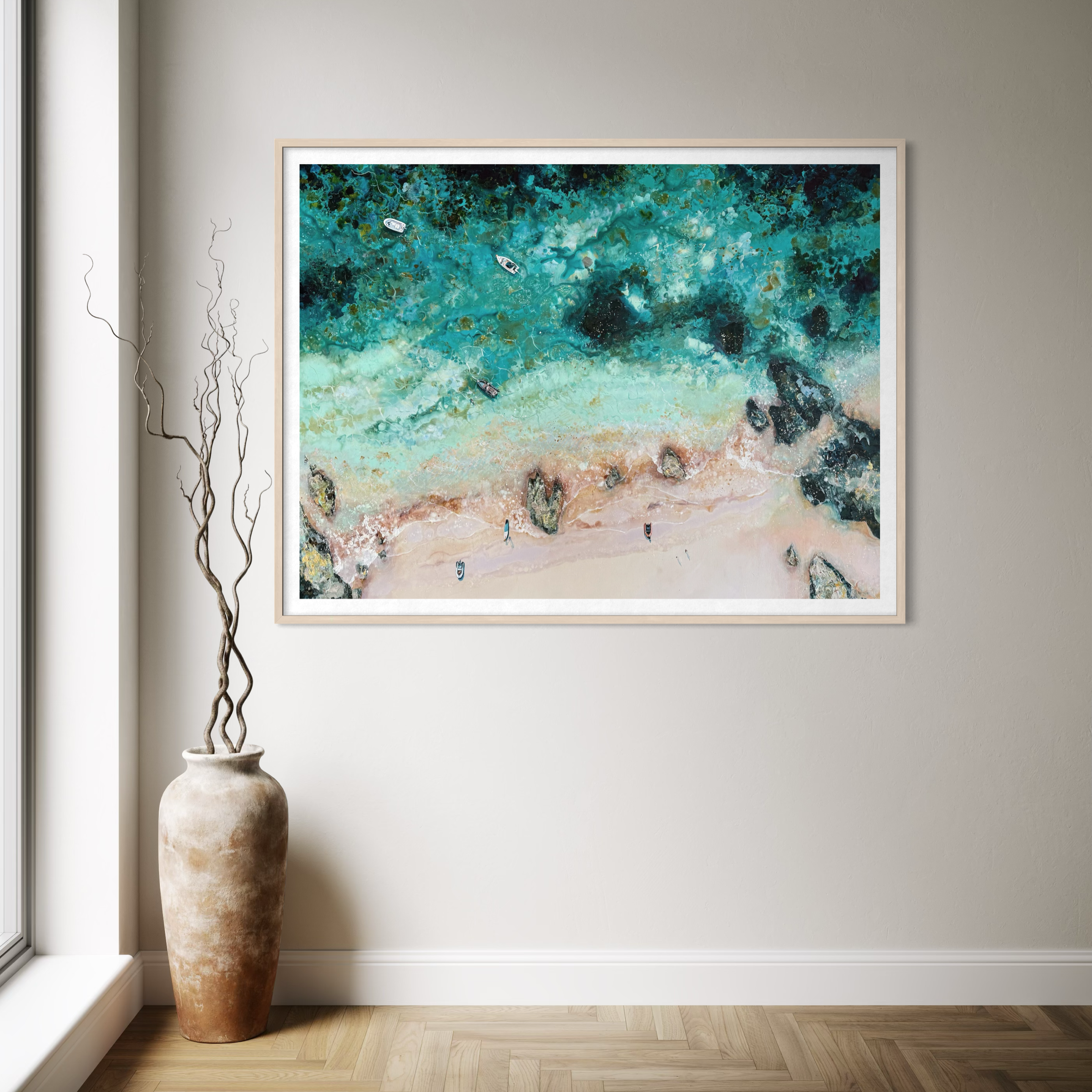 aerial seascape art print of mill bay on the Salcombe estuary, Devon, featuring turquoise water and white sand by Lucy Young