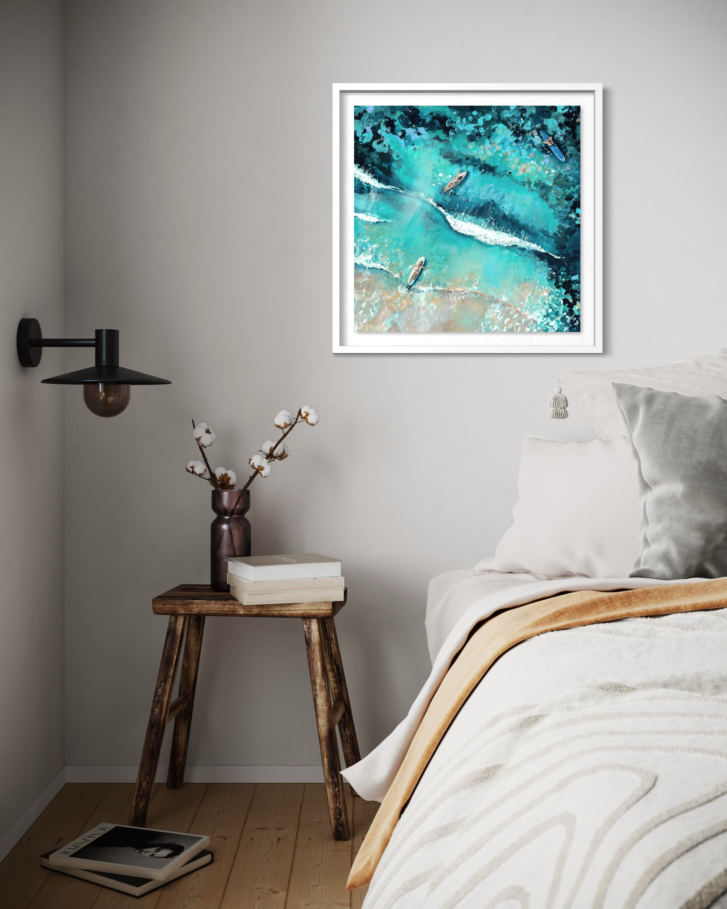 The Surf Girls print styled in a coastal, rustic, bedroom, providing a calm and inspiring focal point