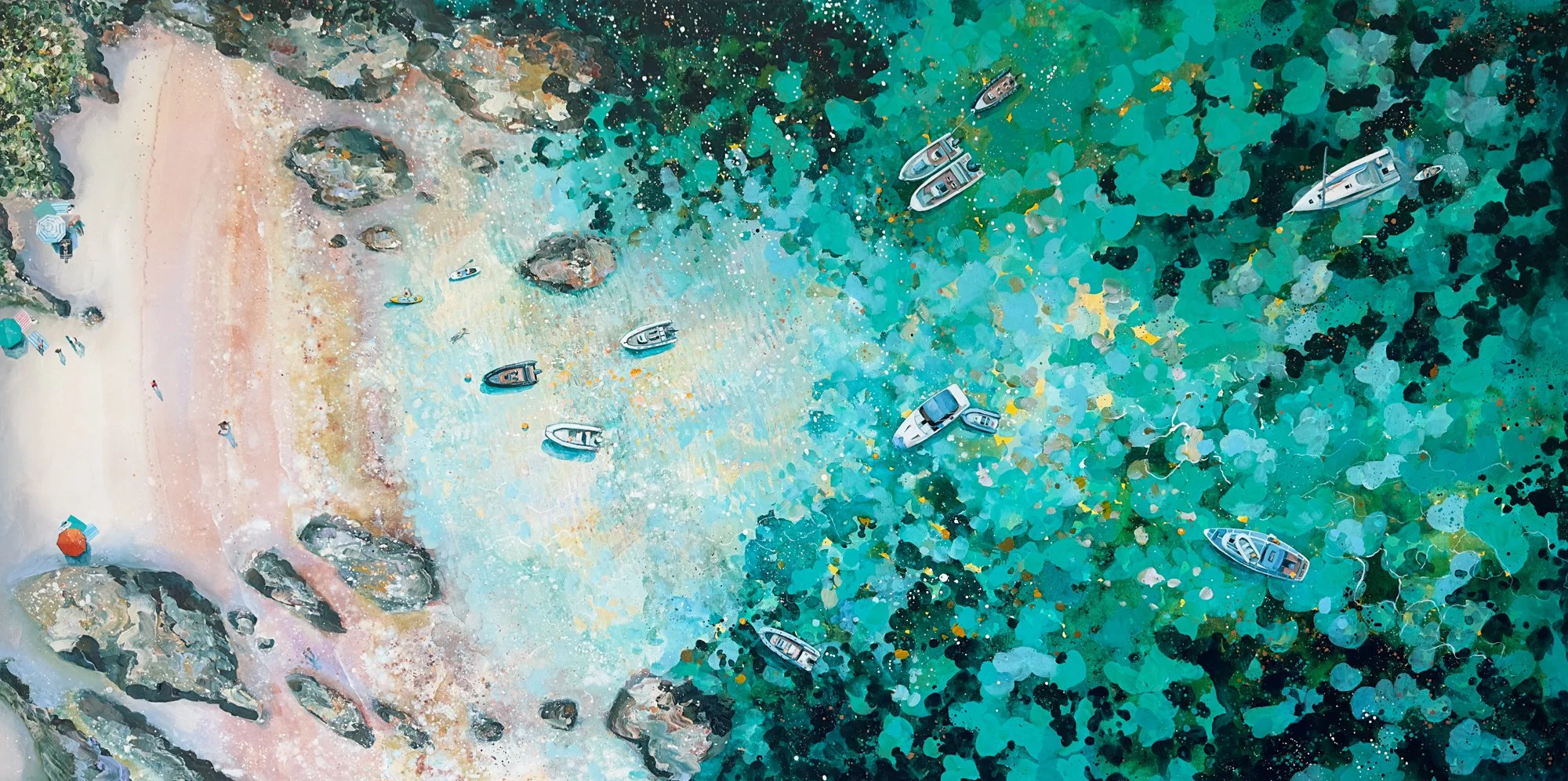 Explore "Secret Beach," an original acrylic painting of the South of France by Lucy Young. Featuring sparkling turquoise waters, moored yachts, and bobbing boats in a hidden Riviera cove. A contemporary statement piece capturing Mediterranean life.