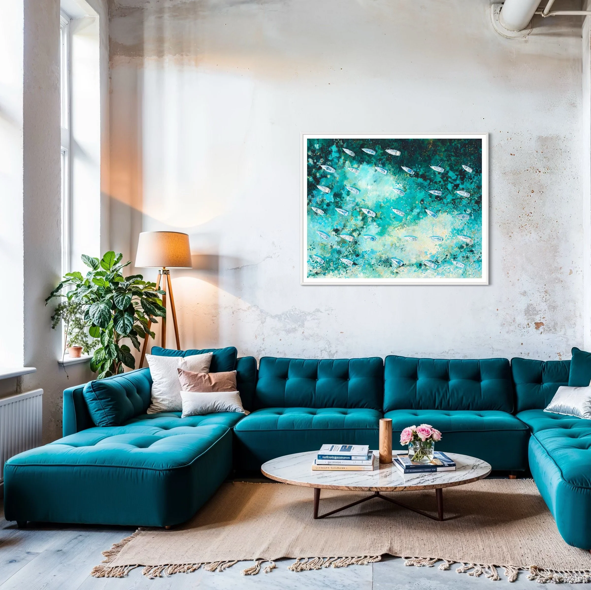 Large 'Whispering Sails' aerial sailing boat art print by Lucy Young styled above a contemporary sofa in a modern living room.