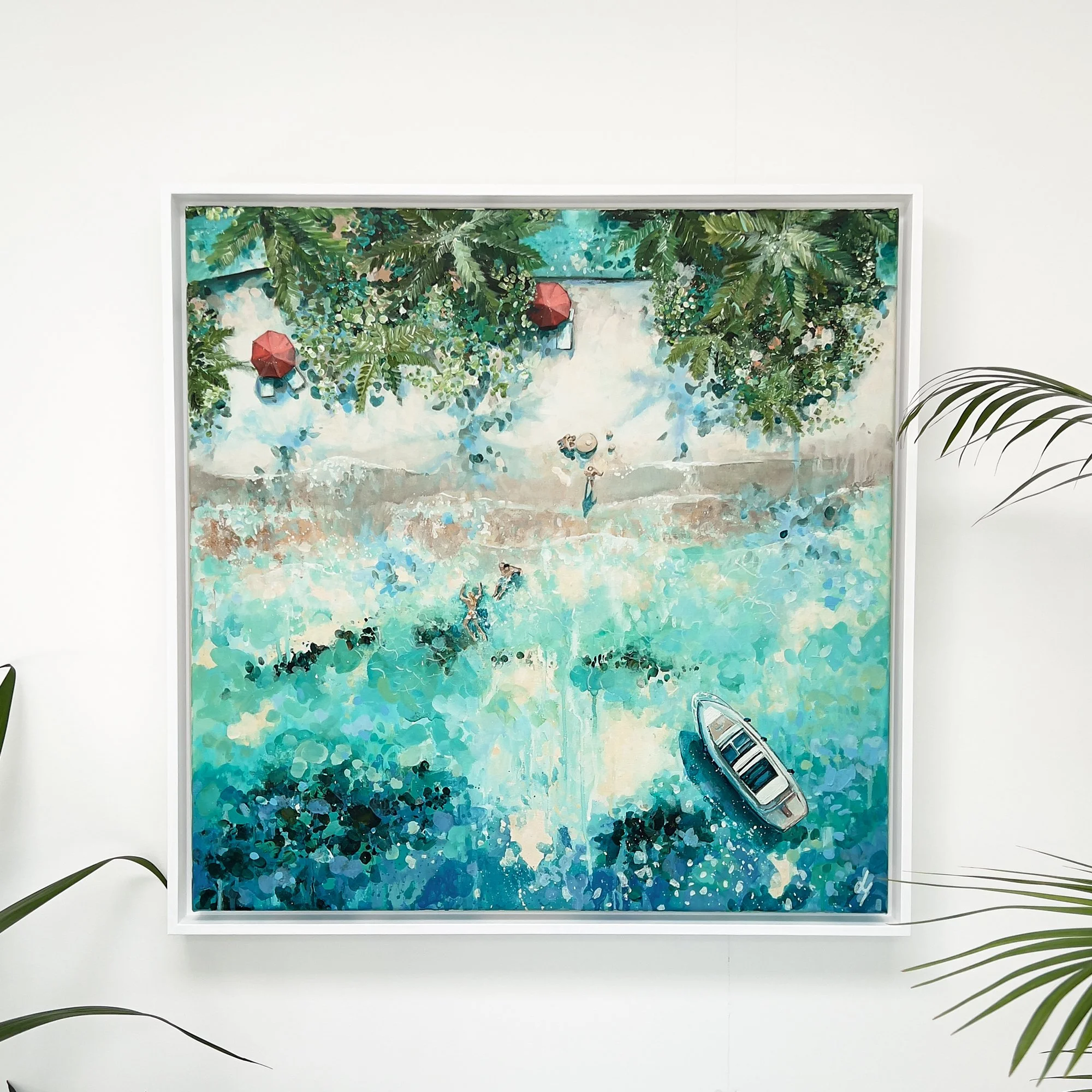 Original aerial acrylic painting 'Pure Paradise' by Lucy Young. Features a luxury Maldives resort beach with white sand, palm trees, a family on the shore, and a bobbing boat in turquoise water.
