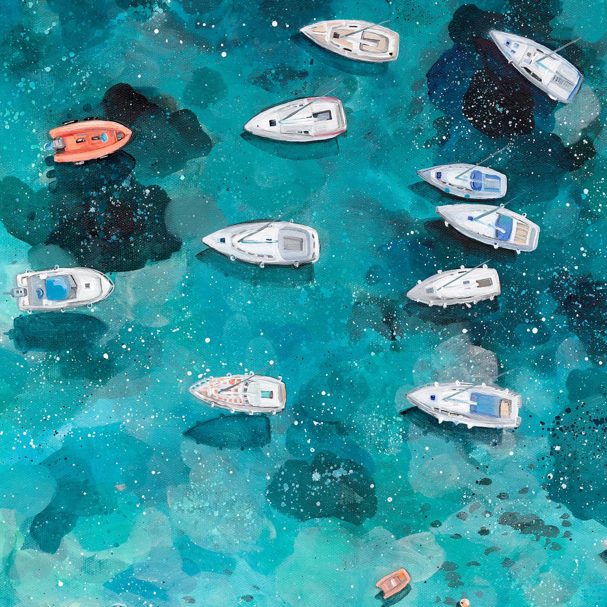 Macro view of the impasto brushstrokes and turquoise blue water textures on Lucy Young archival print.