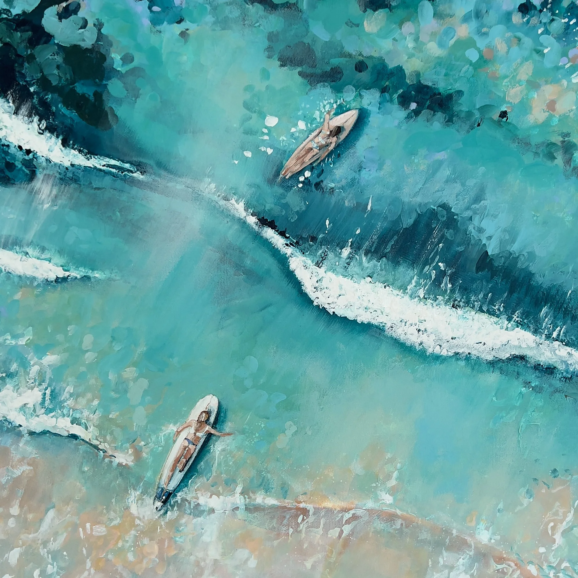 Close-up of the miniature surfer figures and deep indigo water-textures-on the Surf Girls-archival Giclée print.