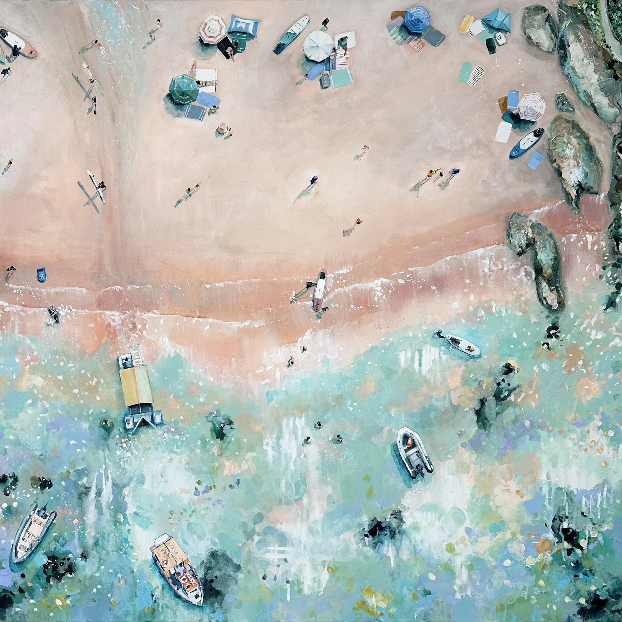 Original aerial acrylic painting 'From Land to Sea II' by Lucy Young. Features the South Sands ferry and tractor on the beach in Salcombe with a pastel summer palette.