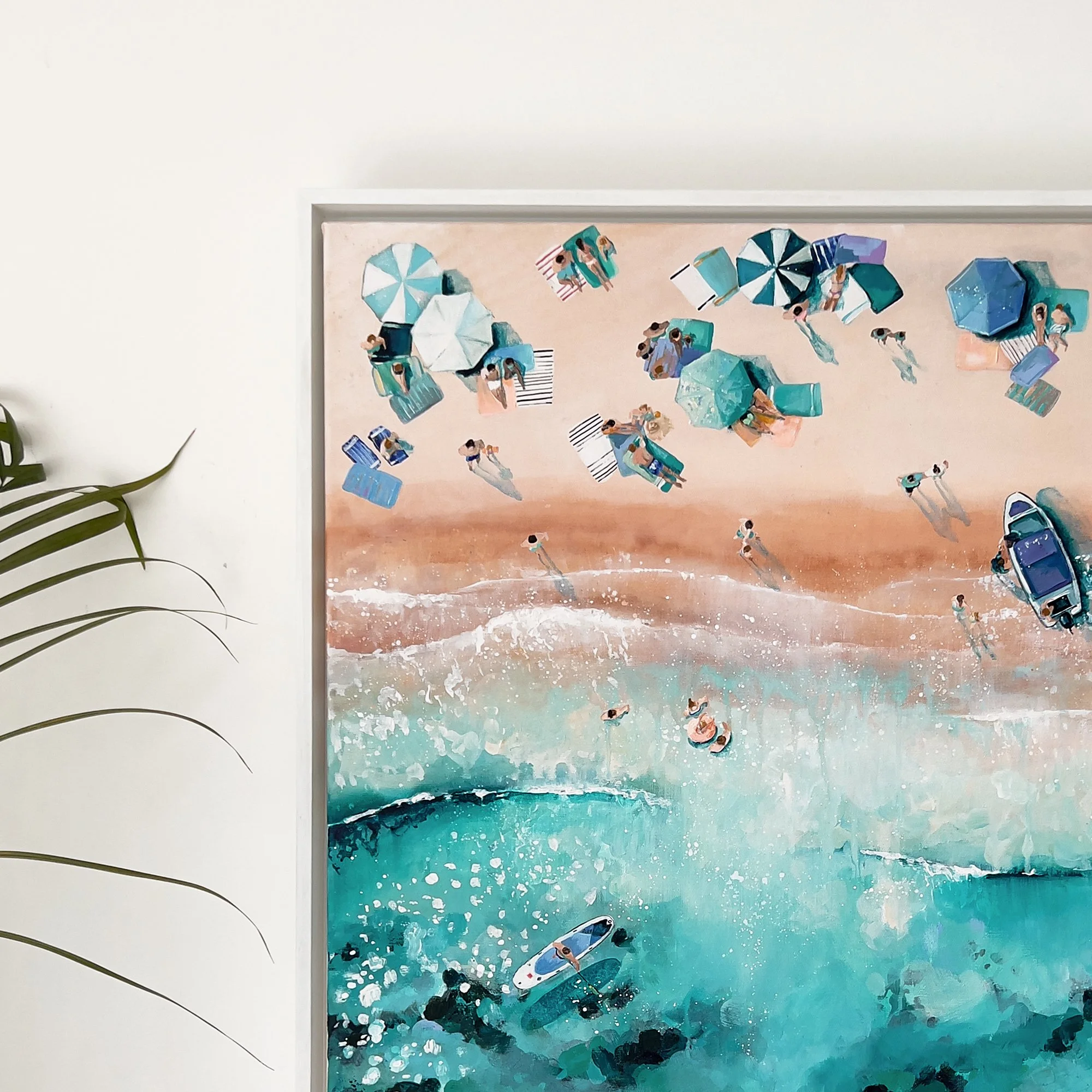 Celebrate "Summer Time" at Sandbanks with this original acrylic painting by Lucy Young. Featuring the iconic Cadbury ice cream boat, turquoise Dorset waters, and sun-worshippers. A vibrant aerial study of Britain's most exclusive beach.