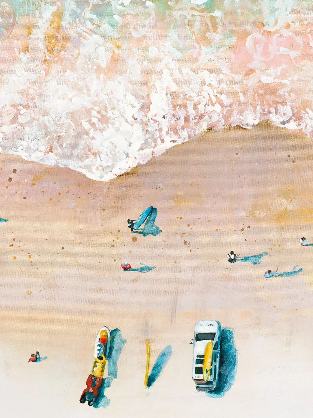 Close-up of 3D-scanned paint texture on Porthmeor Magic print, showing the physical ridges and impasto technique of the Atlantic white water.