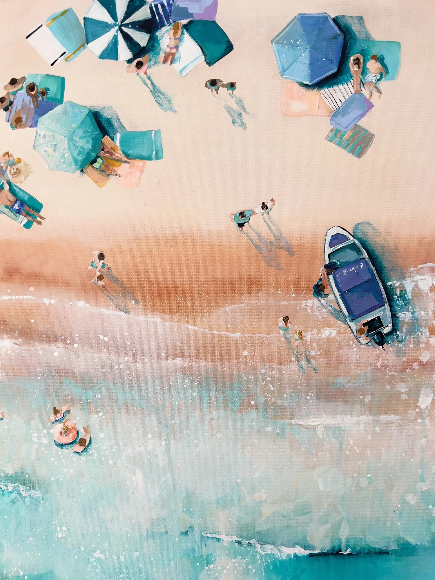 Celebrate "Summer Time" at Sandbanks with this original acrylic painting by Lucy Young. Featuring the iconic Cadbury ice cream boat, turquoise Dorset waters, and sun-worshippers. A vibrant aerial study of Britain's most exclusive beach.