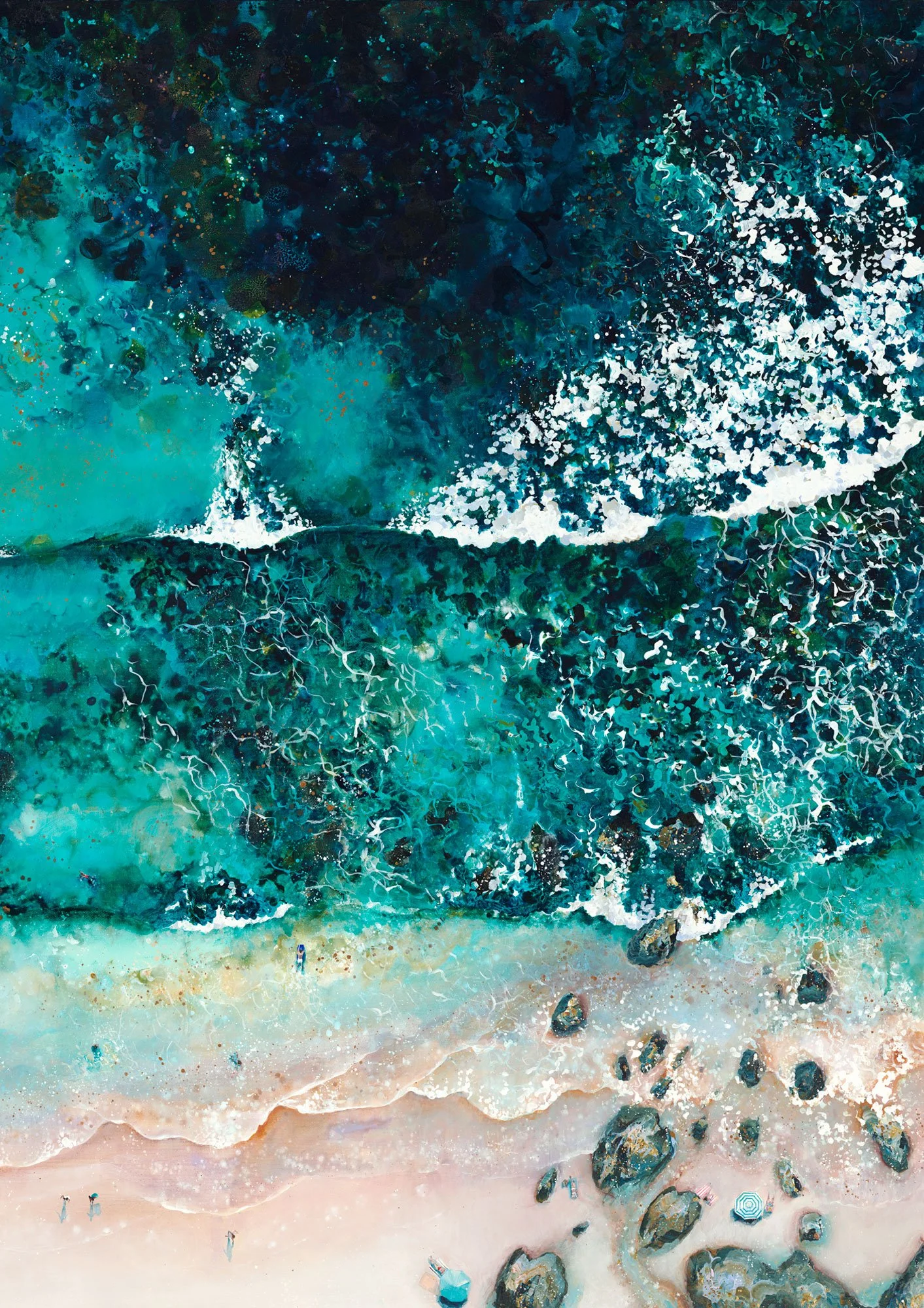 close-up of the expressive brushwork and artist signature on external waves archival giclée print