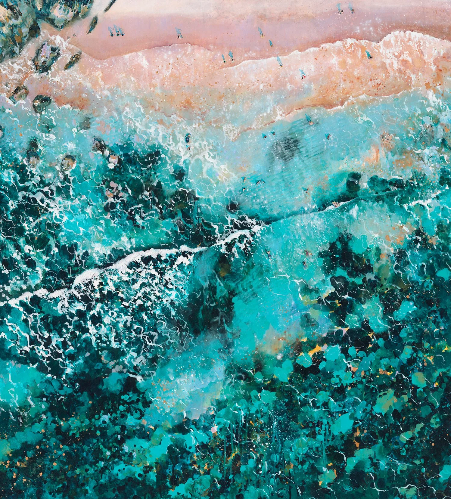 Close-up of the energetic brushwork and artist signature on the Enigmatic Waves archival giclée print