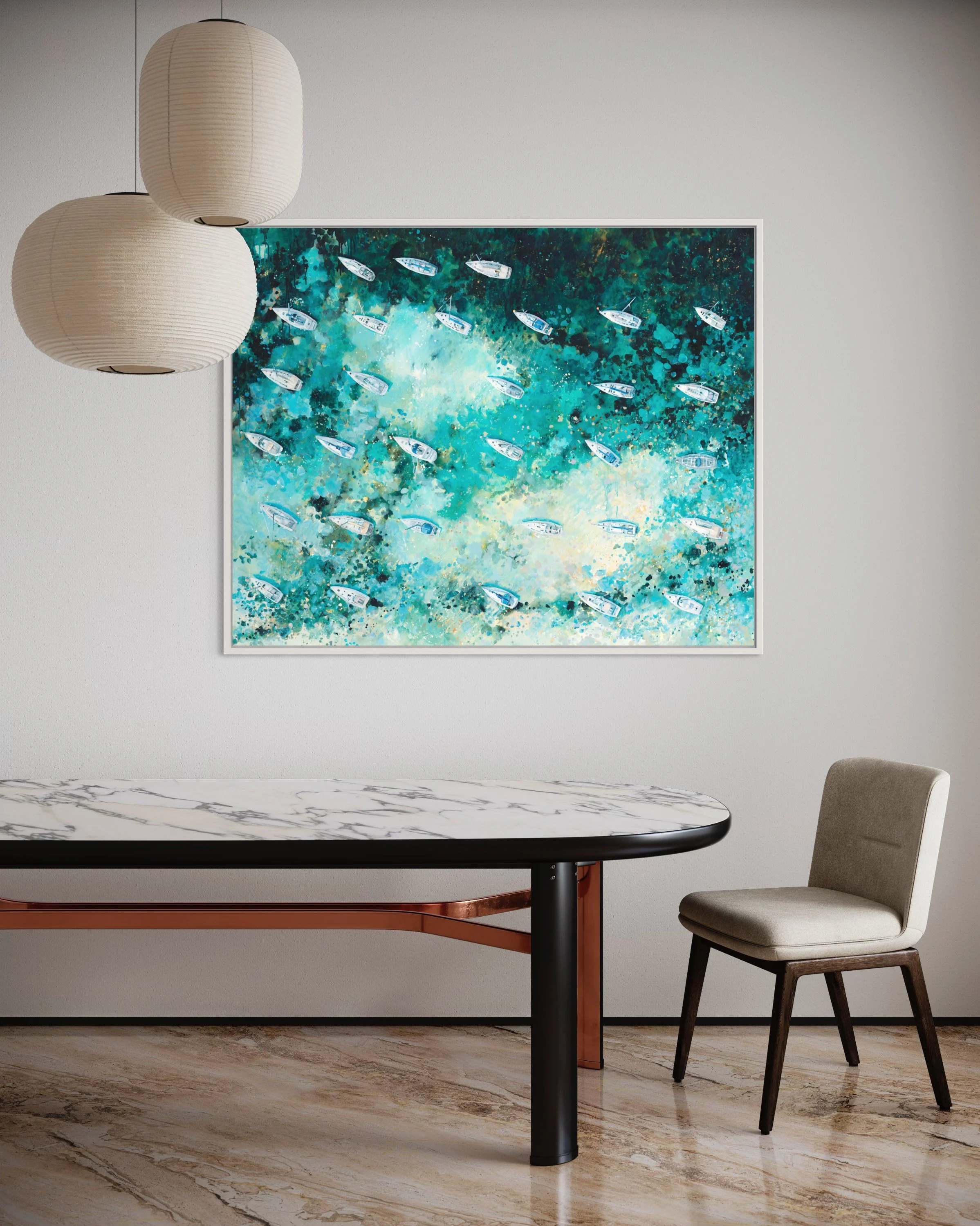 Contemporary nautical wall art 'Whispering Sails'. A large-scale navy blue seascape of Salcombe yachts in a professional white float frame, ideal for coastal luxury interiors.