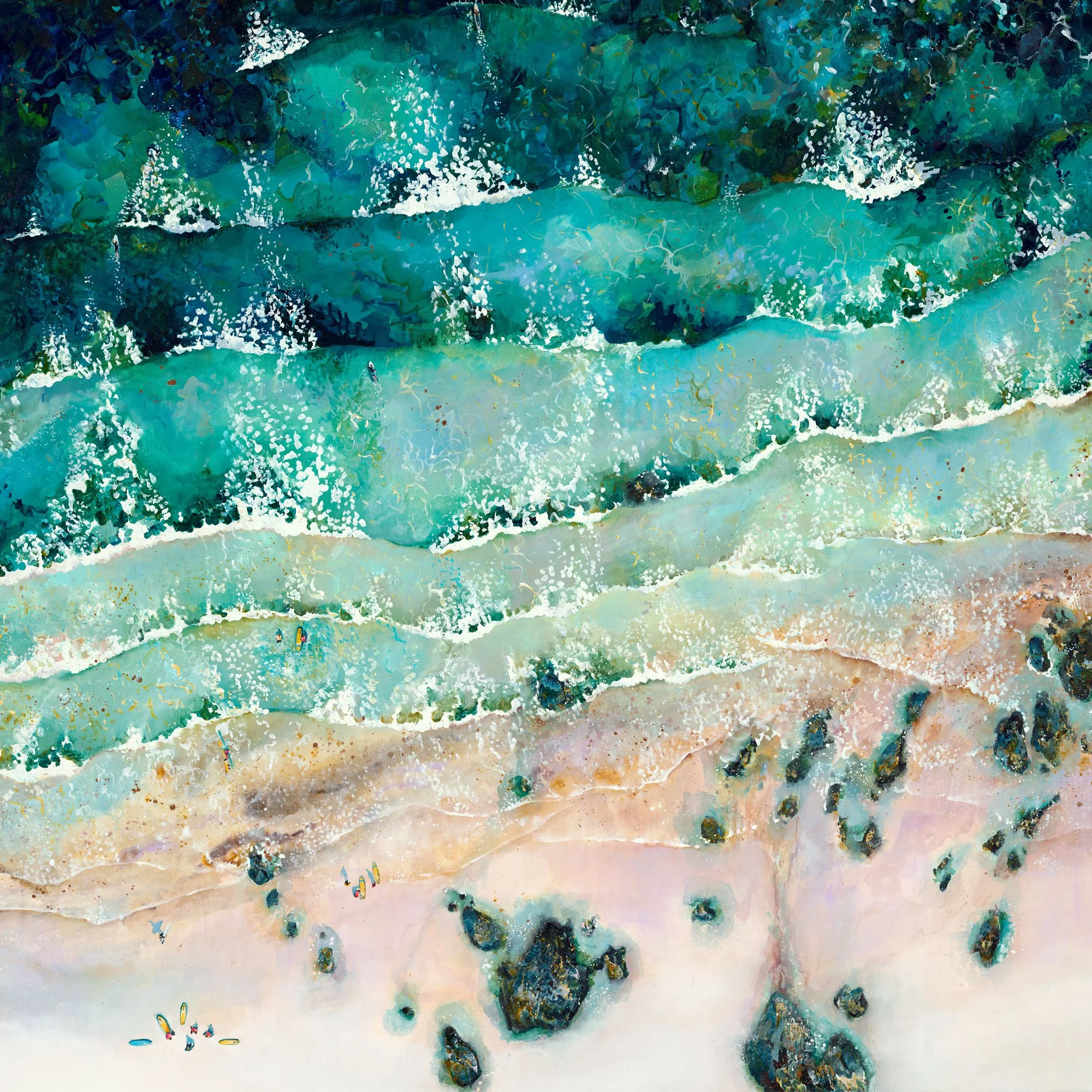 Large original acrylic painting 'Graceful Gwithian' by Lucy Young. Features dark blue rolling surf, coastal rocks, and a surf school on Gwithian Beach, st ives bay, Cornwall.