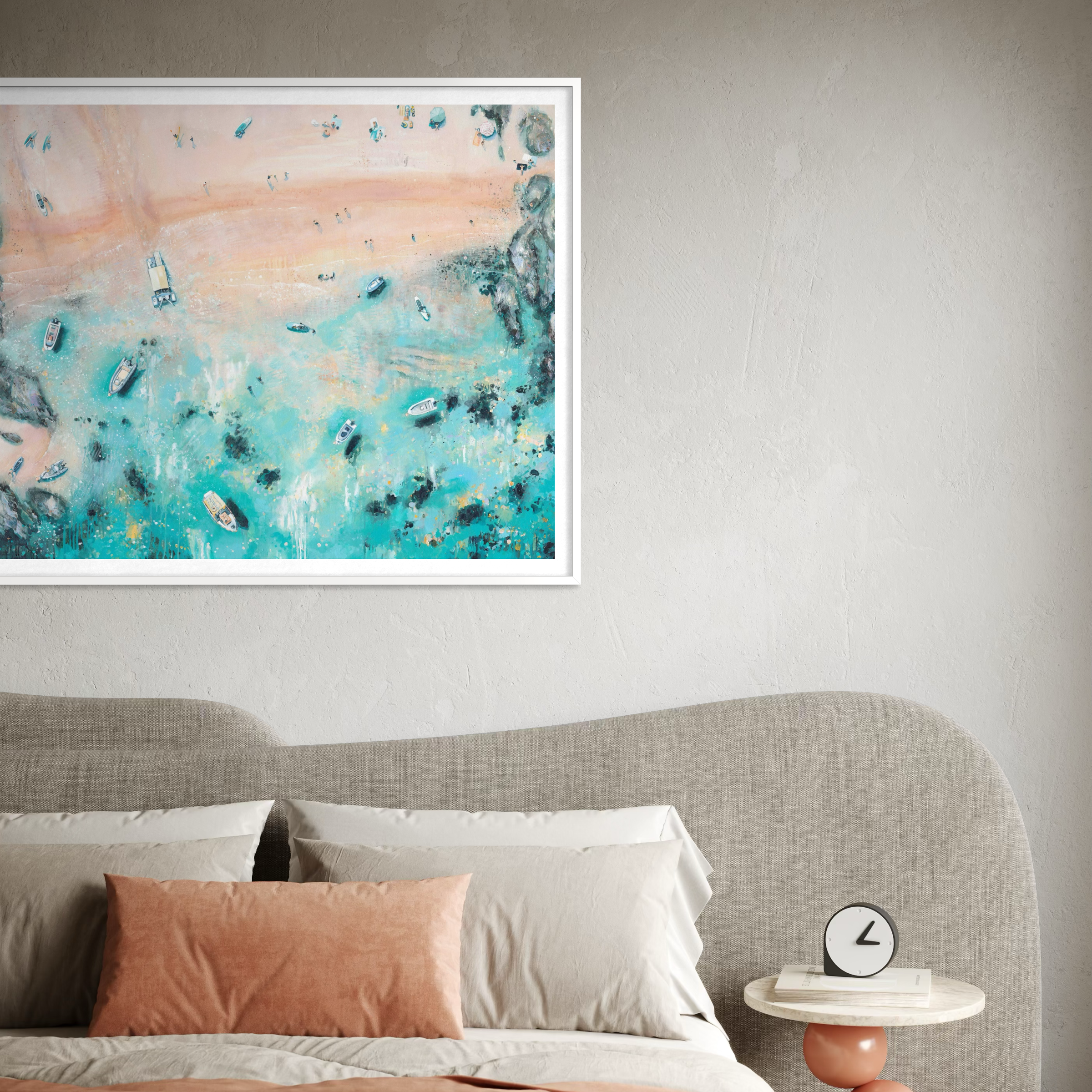 vibrant aerial art print titled South Sands by Lucy Young, featuring the Salcombe Ferry, people playing in the surf, and moored boats.