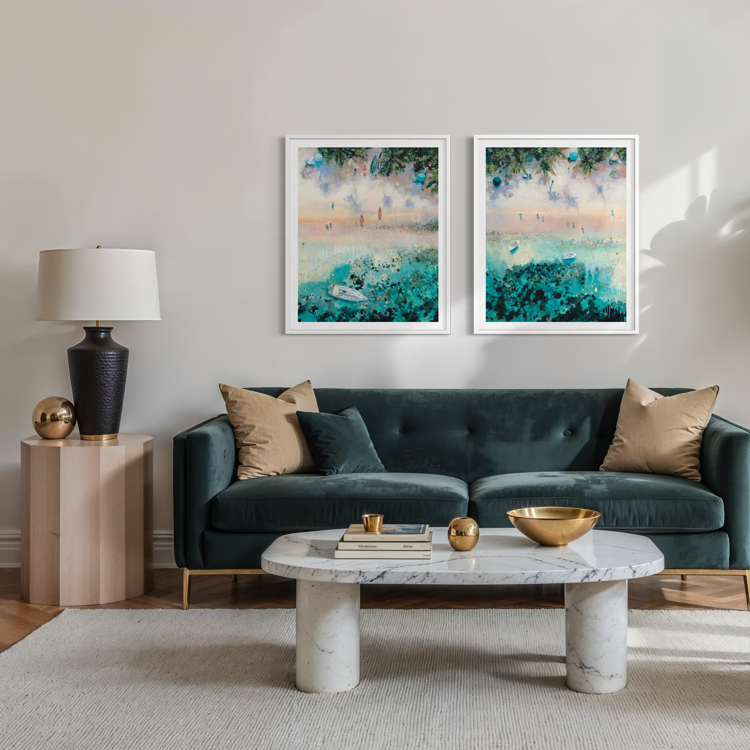 The Pure Shores diptych set styled above a large dark green sofa, showing how the two tropical prints create a panoramic beach scene