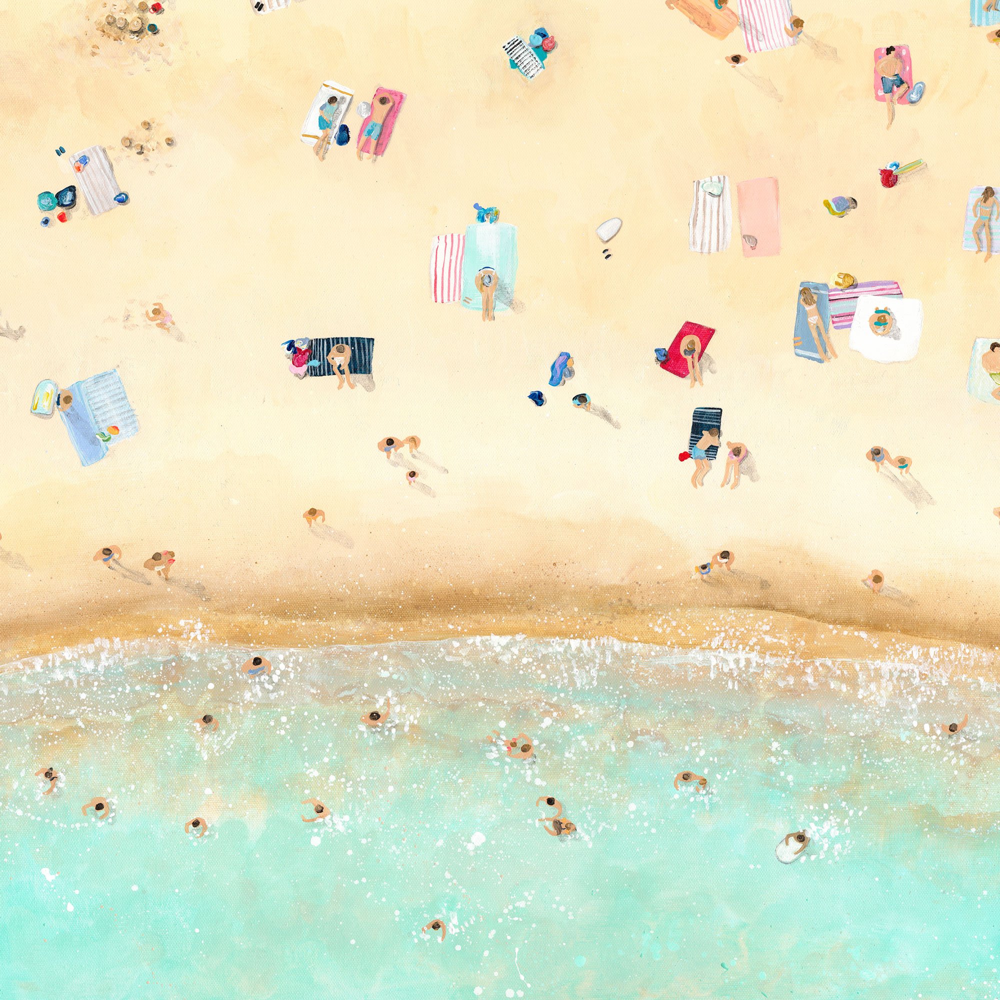 Close-up of the intricate beach figures, yellow sand textures, and White Sea foam on the Kaleidoscope archival gicée print.