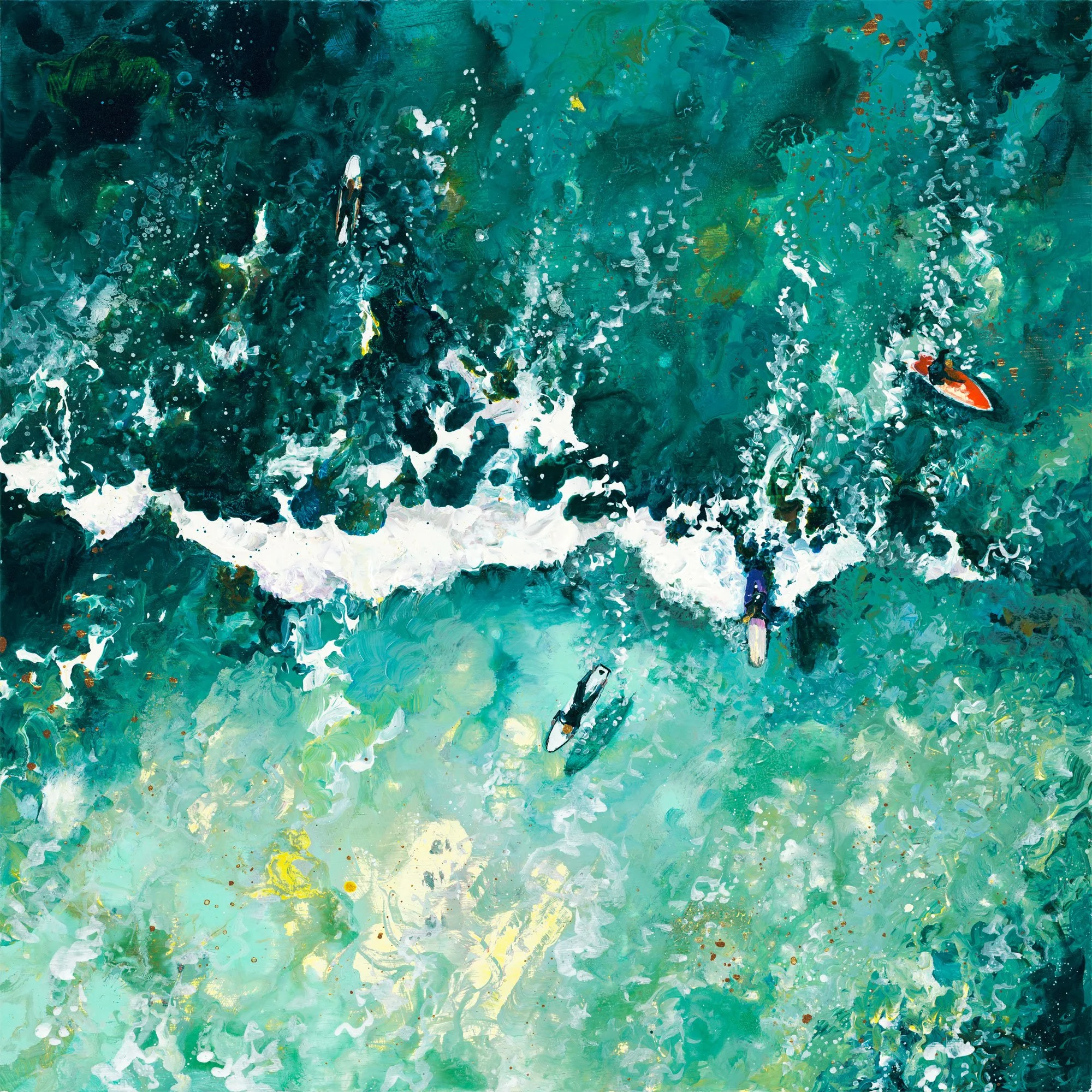 Limited edition coastal print 'Three Mile Surfers' featuring three surfers on a dark turquoise wave at Gwithian Beach, Cornwall.