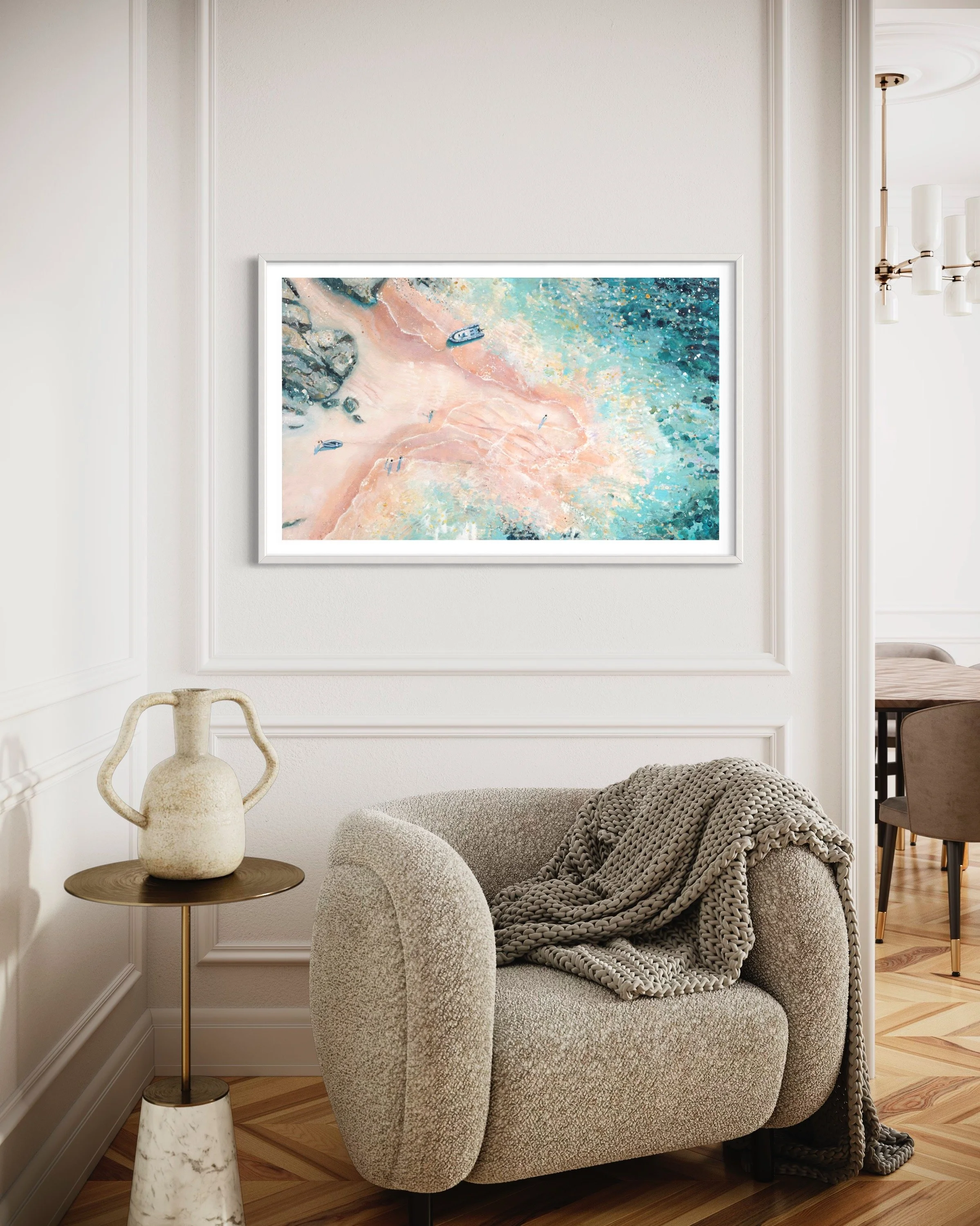 The Tidal Grace print framed in a contemporary lounge, highlighting the soft pink and blue pastel tones of the South Devon coast