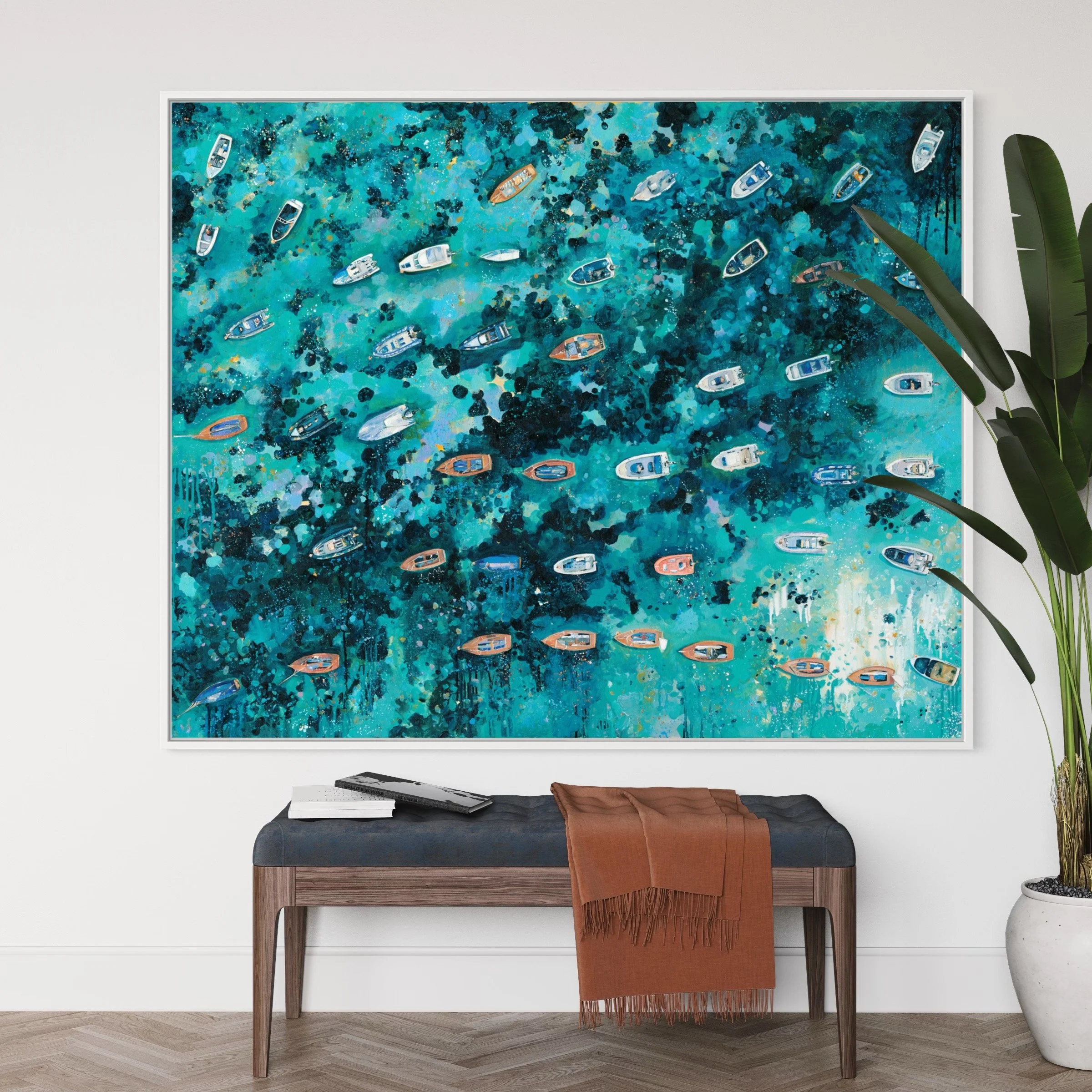 Explore "Rising Light," a contemporary original acrylic painting of Salcombe Harbour by Lucy Young. Featuring iconic wooden Salcombe Yawls and local boats moored on the estuary at dawn. A sophisticated study of South Devon maritime life.