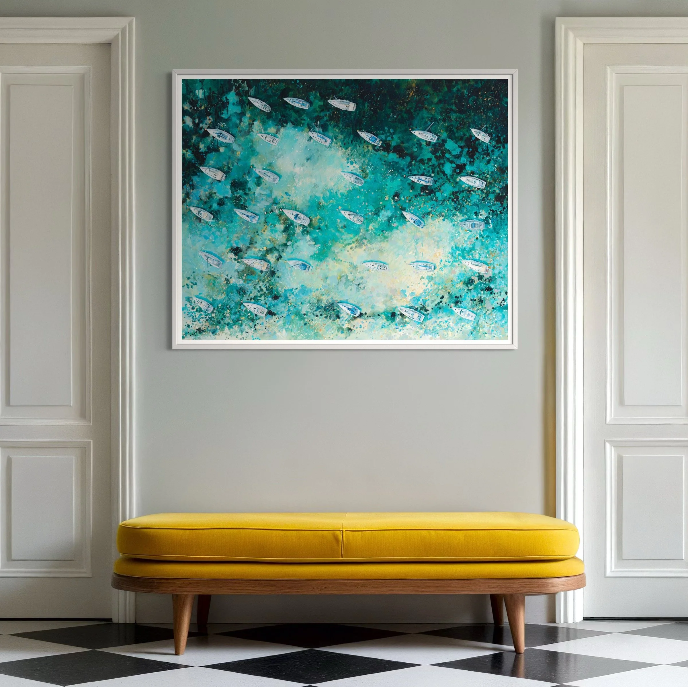 a framed Whispering Sails print styled in a coastal home office with navy blue accents and maritime decor.