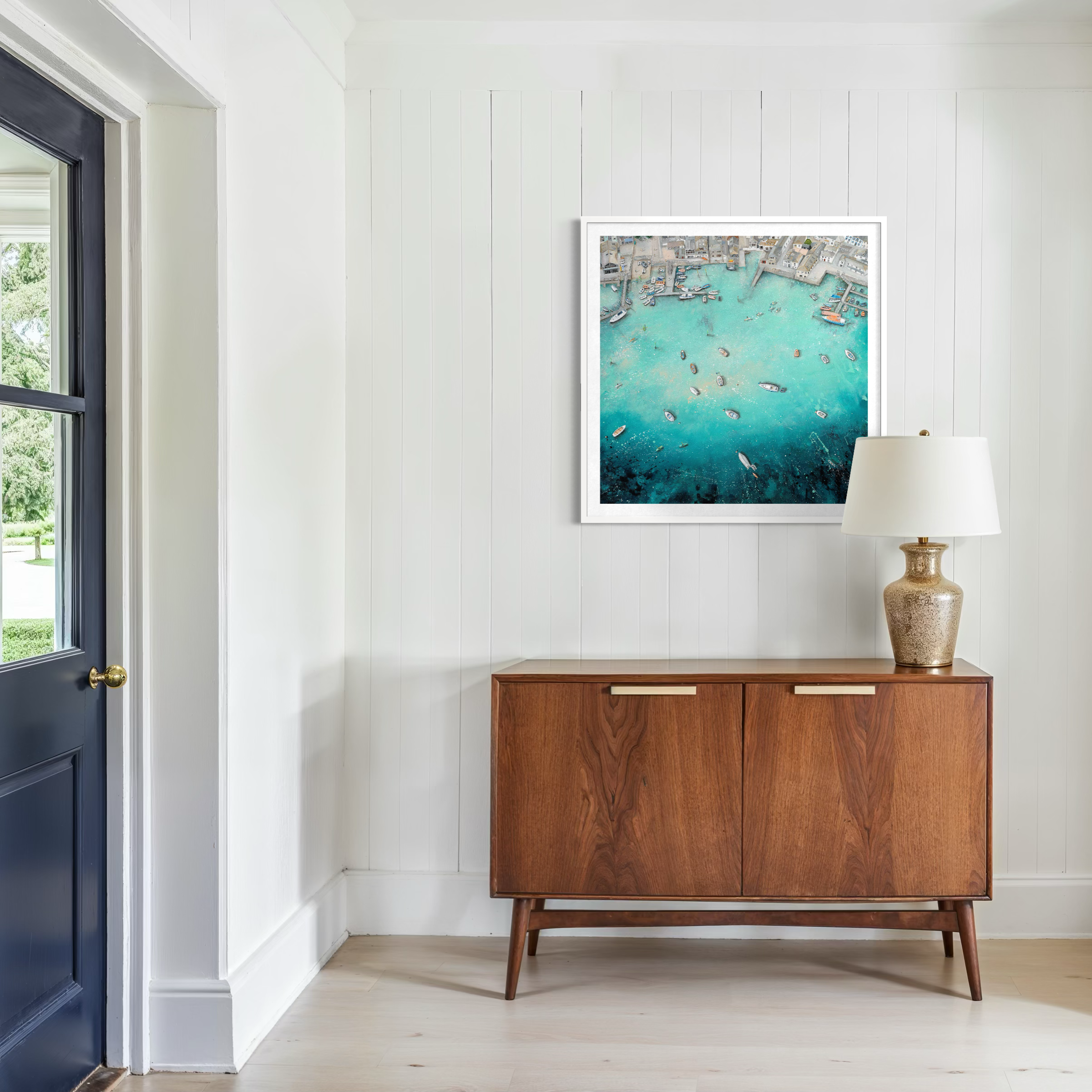 The Spirit Of Salcombe lifeboat and detailed harbour shown in this coastal interior, showcasing the detailed boats and Salcombe harbour buildings.