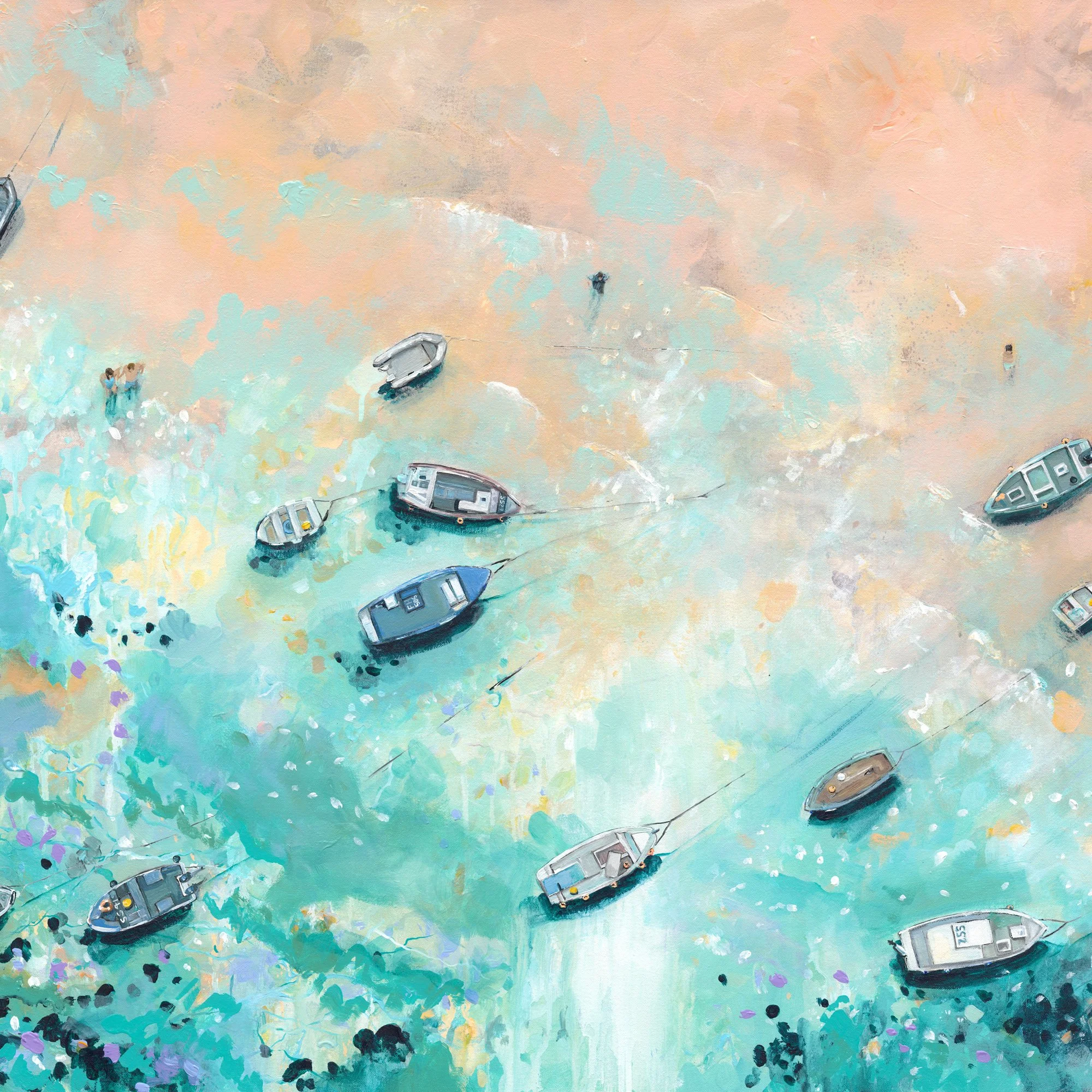 st ives cornwall giclee print Clost up by Lucy Young, see the brush strokes and pink and turquoise textures of this giclee print