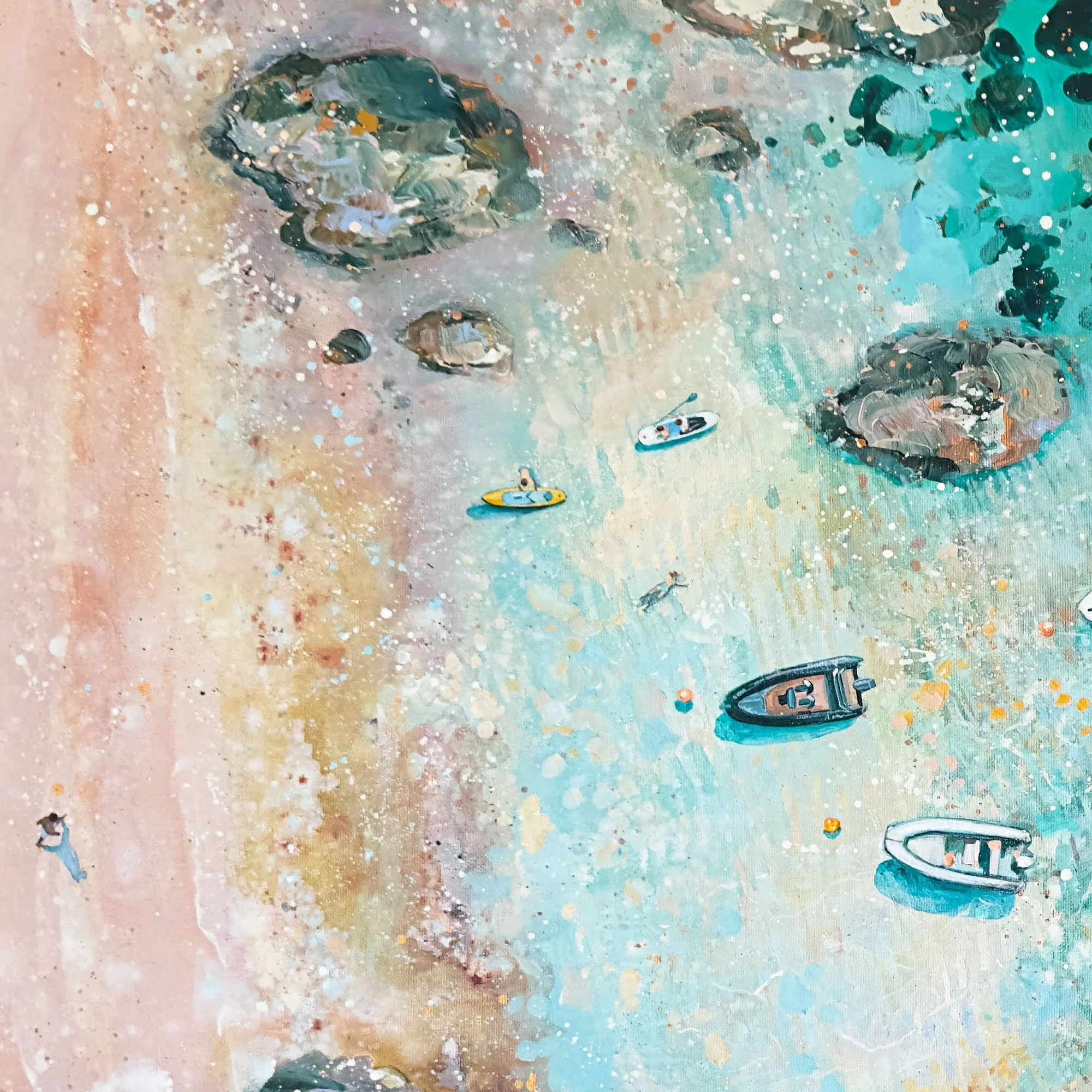 Explore "Secret Beach," an original acrylic painting of the South of France by Lucy Young. Featuring sparkling turquoise waters, moored yachts, and bobbing boats in a hidden Riviera cove. A contemporary statement piece capturing Mediterranean life.