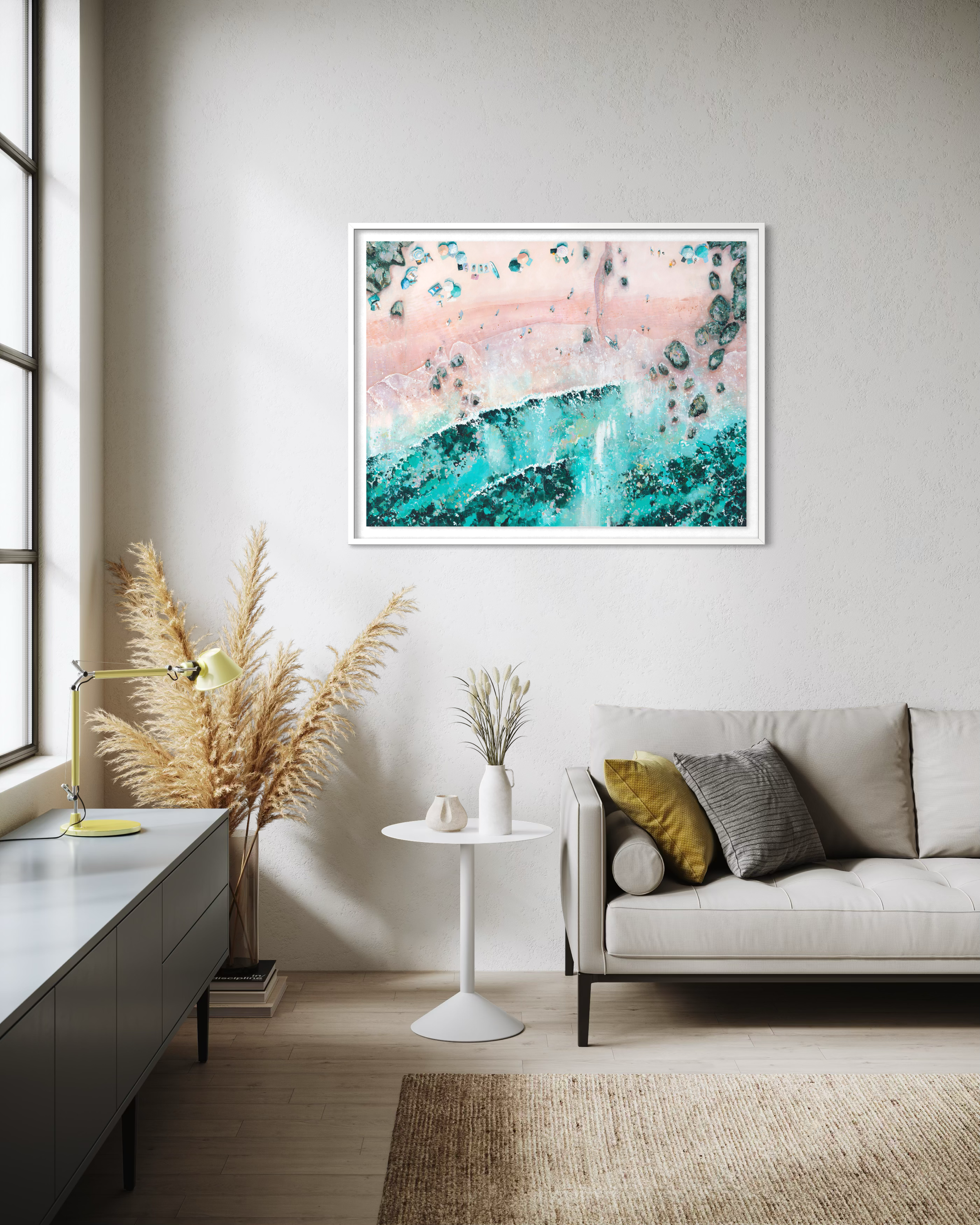 The Sherbet Dip print styled in a bright contemporary lounge with neutral decor, highlighting the vibrant pink and turquoise tones