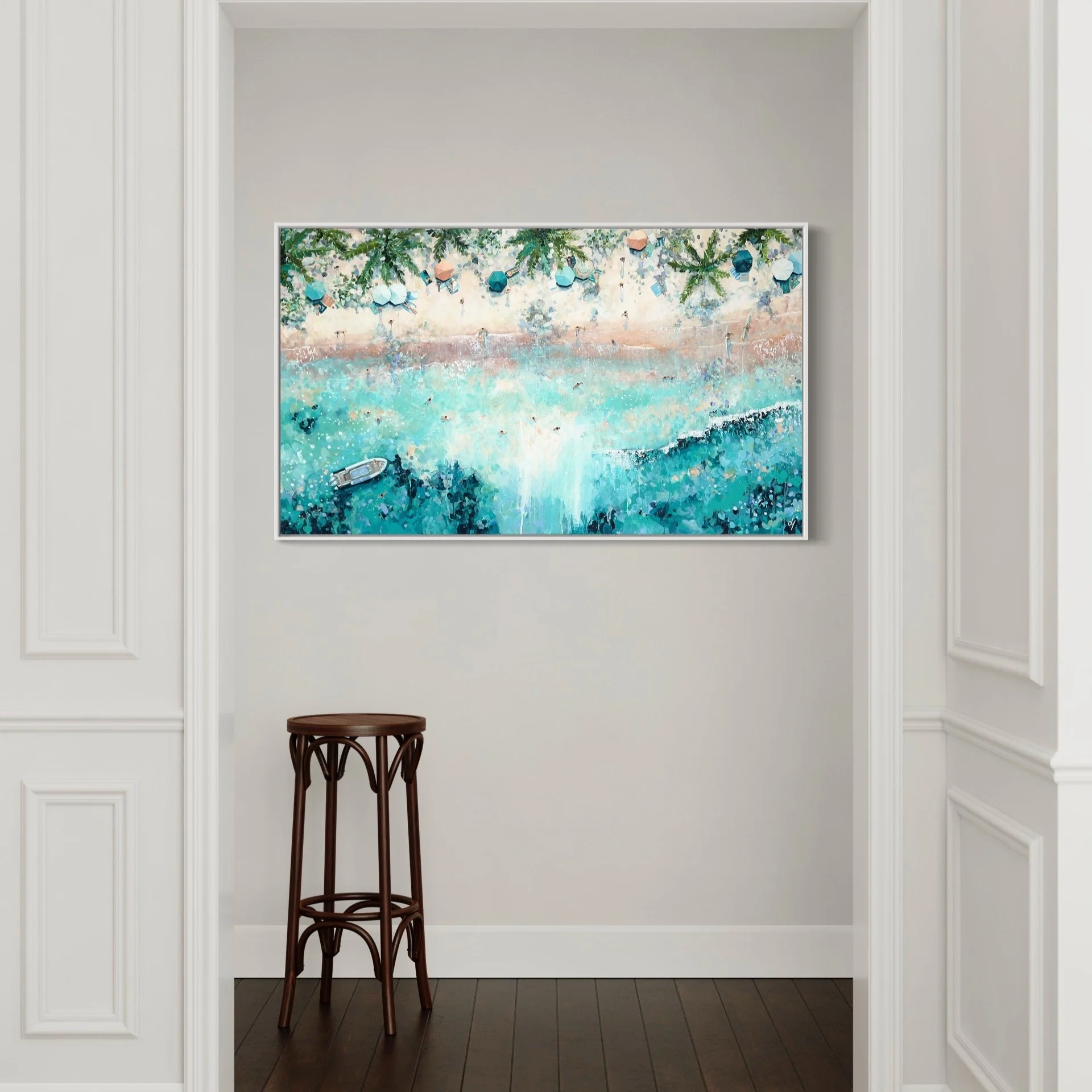 Original aerial acrylic painting 'Palm Light' by Lucy Young. Features a Maldives beach with sun loungers sitting in clear turquoise water under towering palm trees.