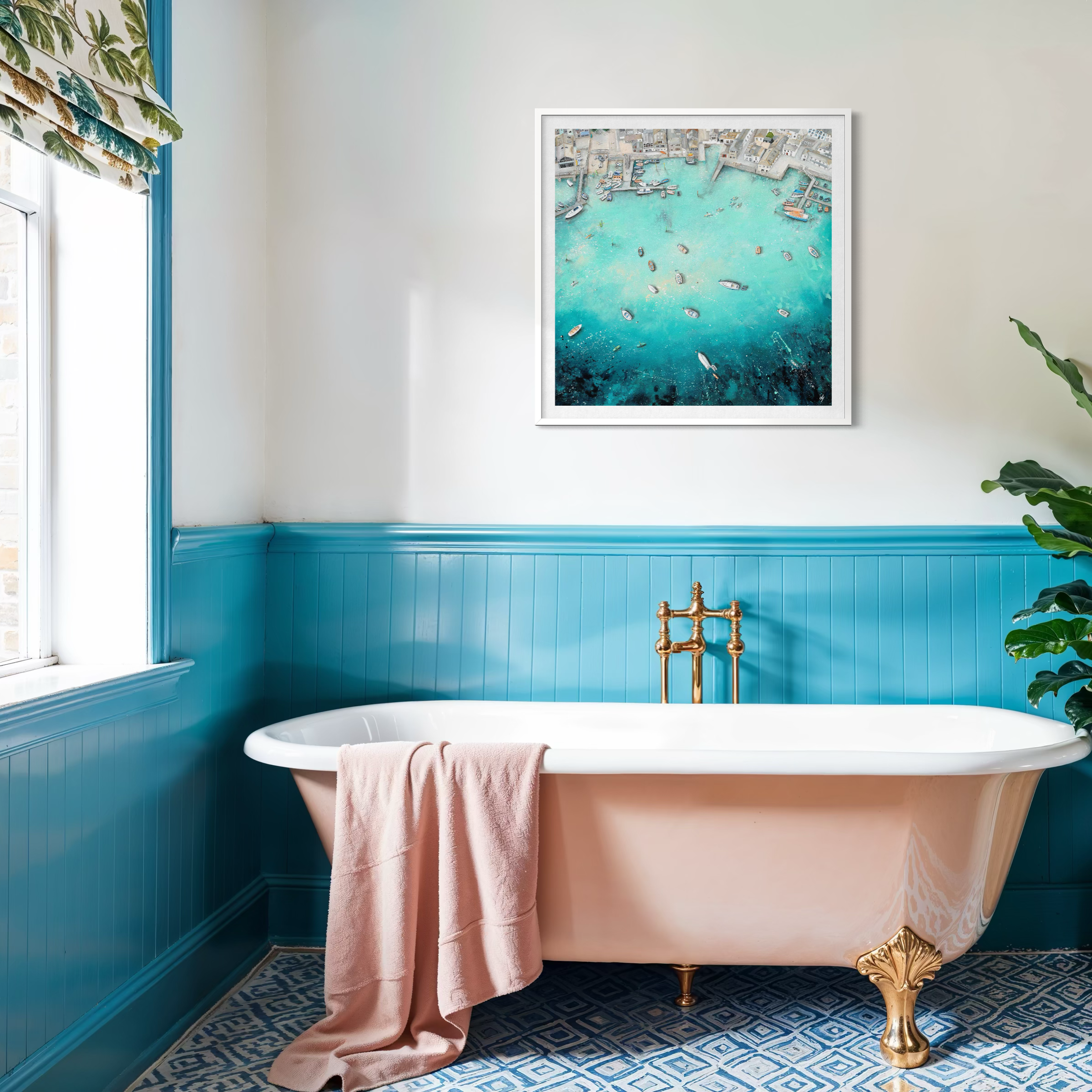 The Spirit Of Salcombe RNLI lifeboat print styled in a coastal bathroom, showcasing the iconic Devon Harbour and maritime scene.
