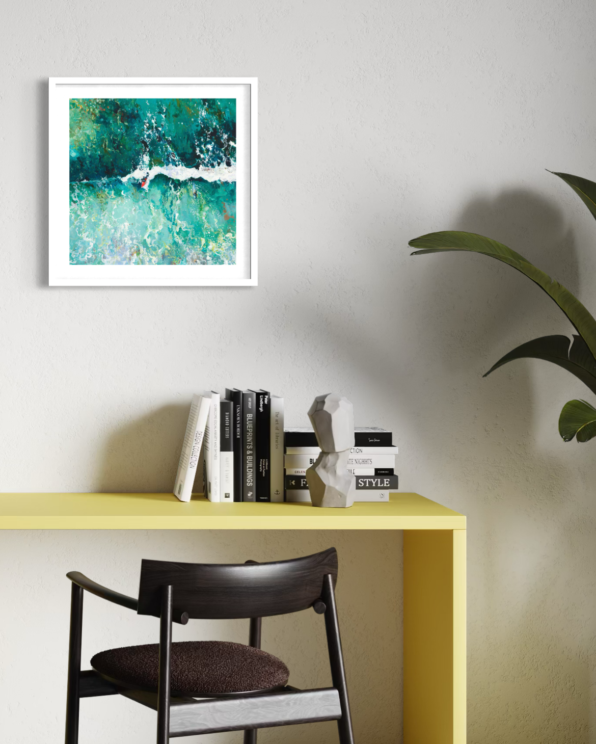 Limited edition surf print 'Follow The Flow' by Lucy Young, depicting two surfers meeting on a Cornish wave.