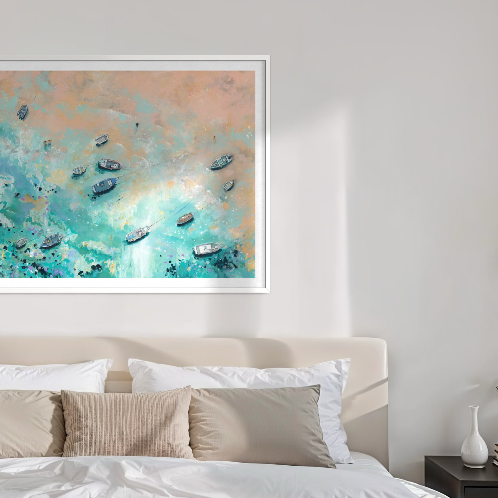 The Drifting Tides print in a soft, neutral coastal bedroom, highlighting the pastel tones of this St Ives coastal print.